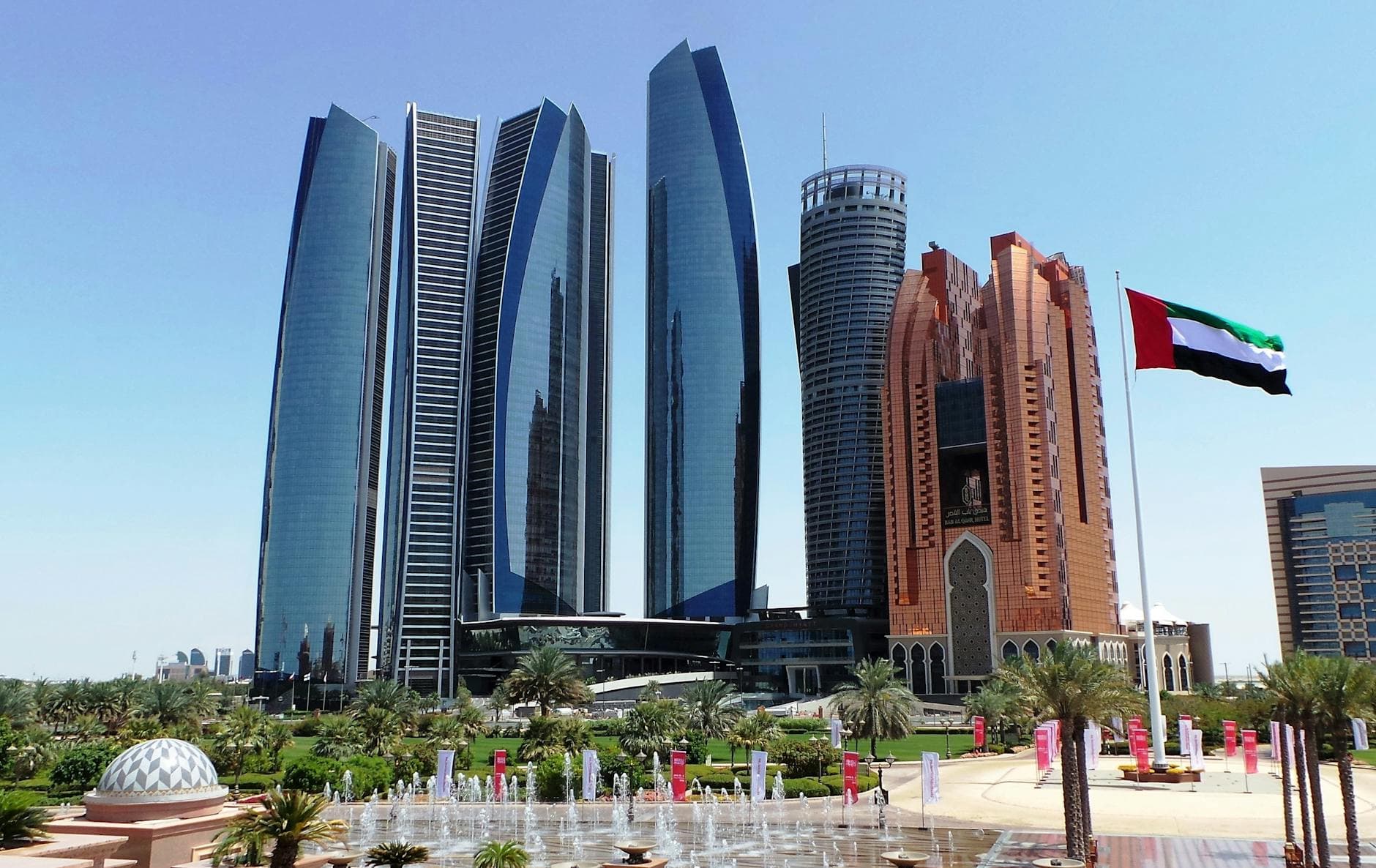 A captivating daytime view of Etihad Towers in Abu Dhabi, showcasing modern architecture and urban skyline.