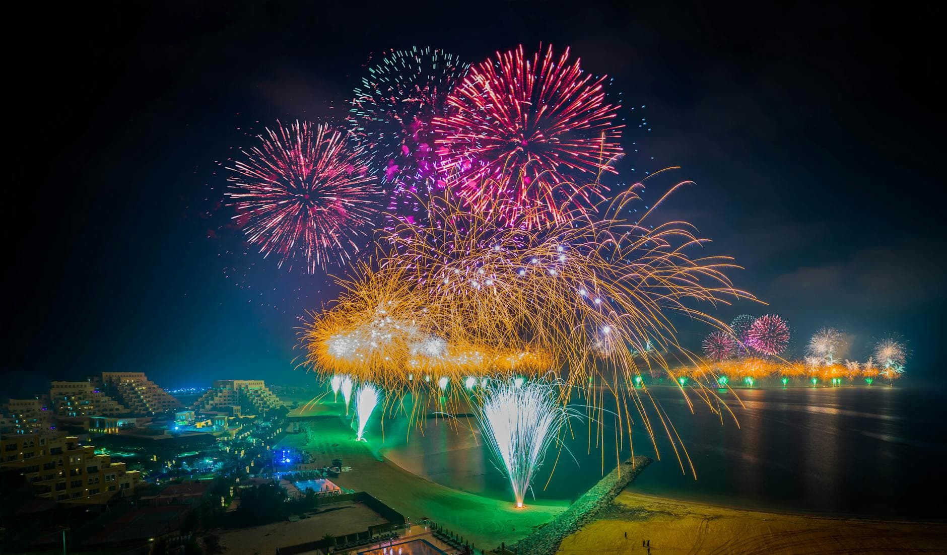 Stunning fireworks illuminate the night sky over Ras Al Khaimah beach, UAE.