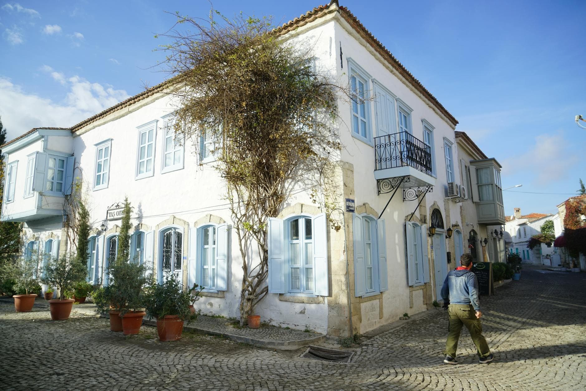 Picturesque street scene with whitewashed buildings and cobblestone path on a sunny day.