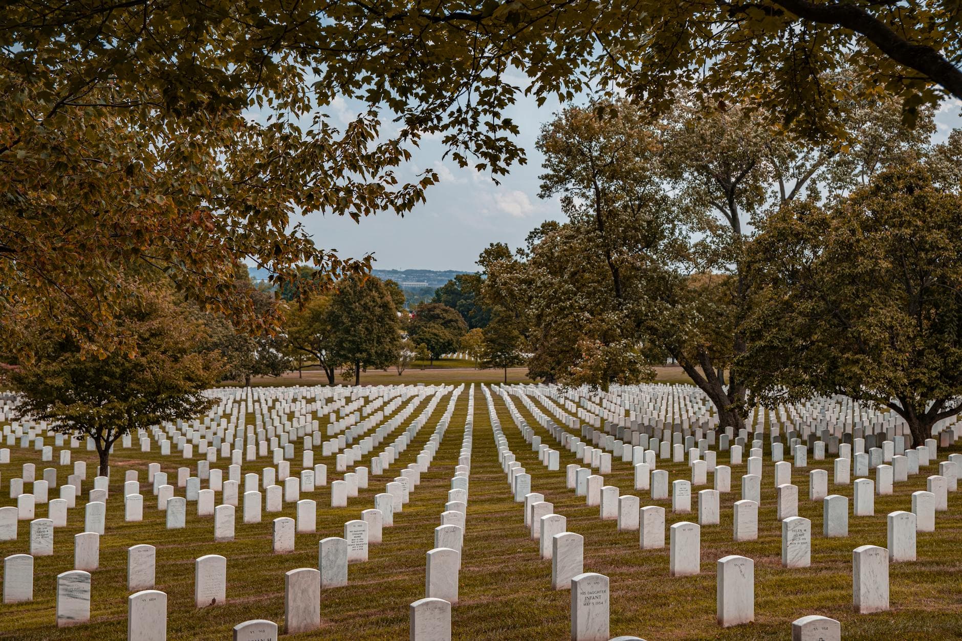 Peaceful view of Arlington National Cemetery with rows of white headstones beneath mature trees.