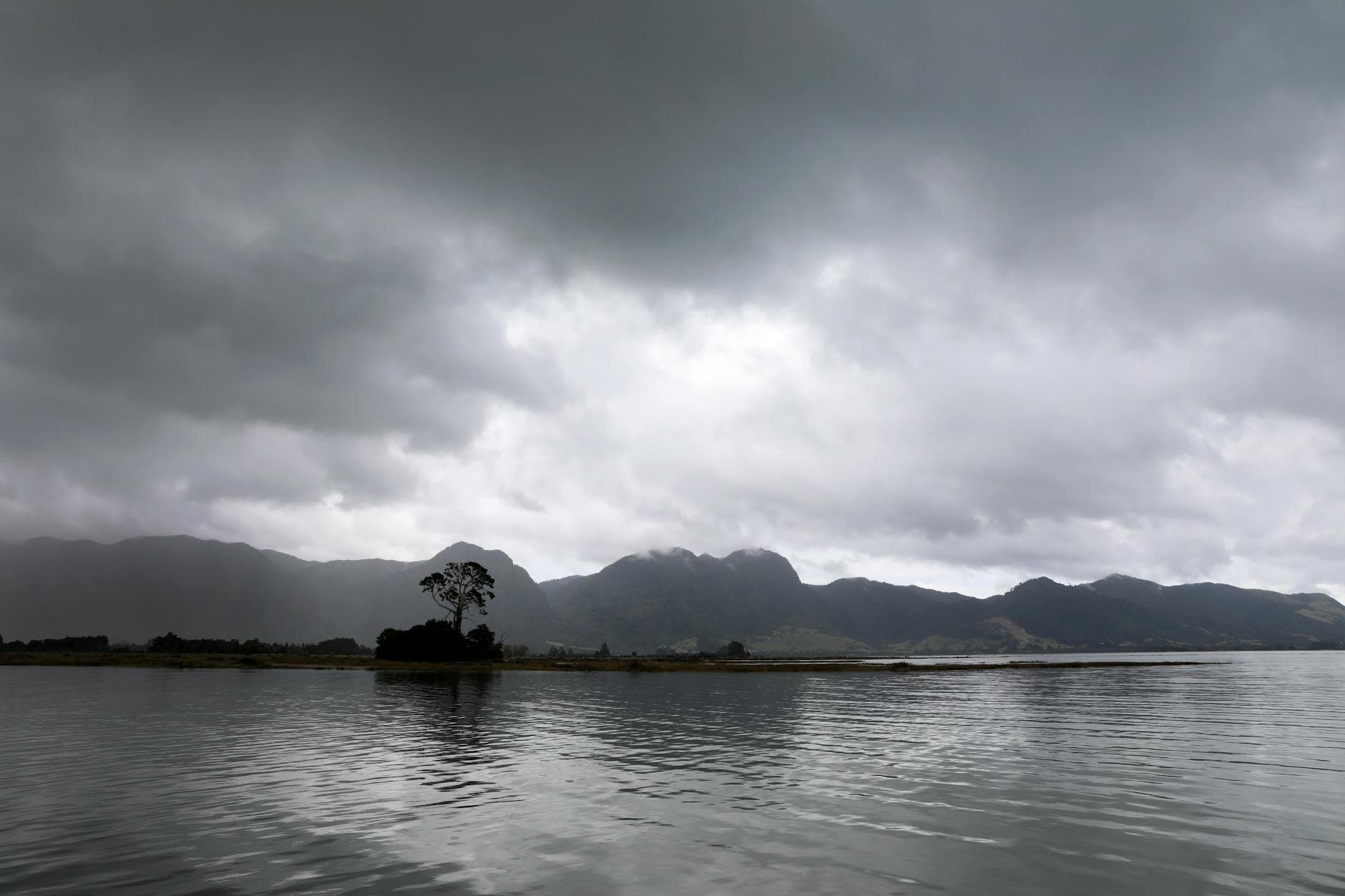 A dramatic view of New Zealand's rugged coastline under overcast skies. Moody atmosphere with mountain backdrop.