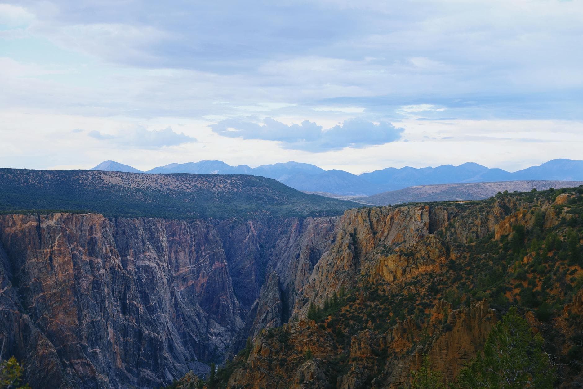 Explore the breathtaking cliffs of Black Canyon, Colorado under clear summer skies.