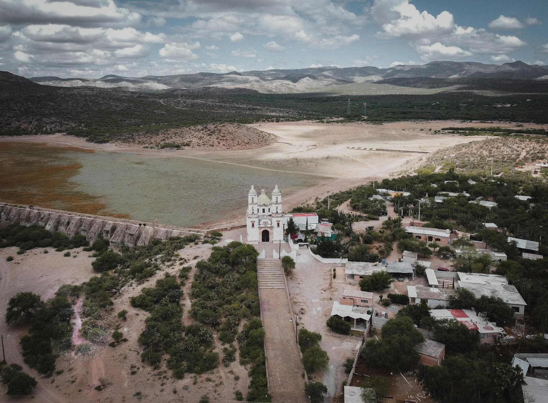Aerial view of a church and rural landscape in Bocas, San Luis Potosí, Mexico.