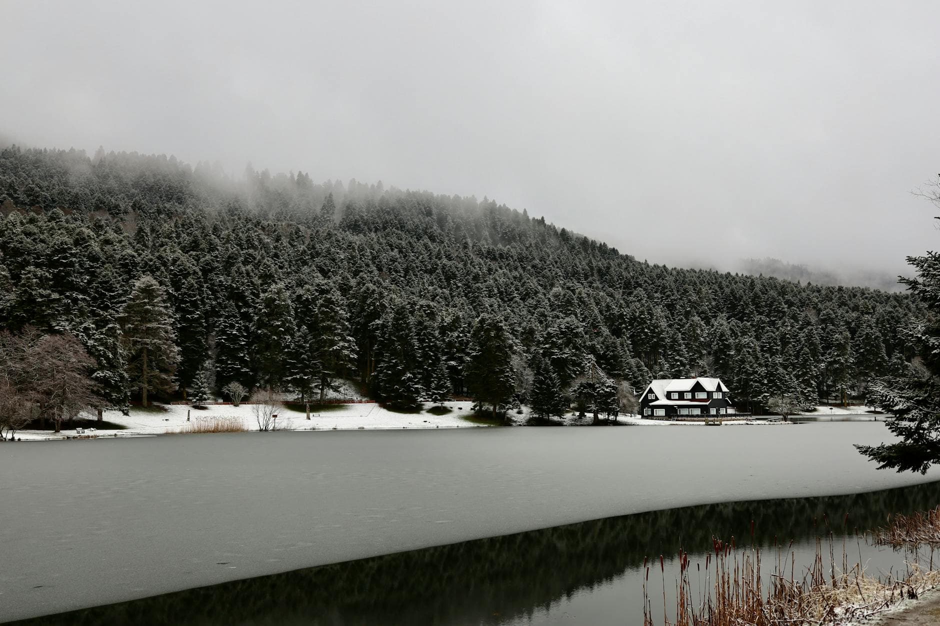 Snow-covered forest and lake view with a cozy cabin in Bolu, Turkey.