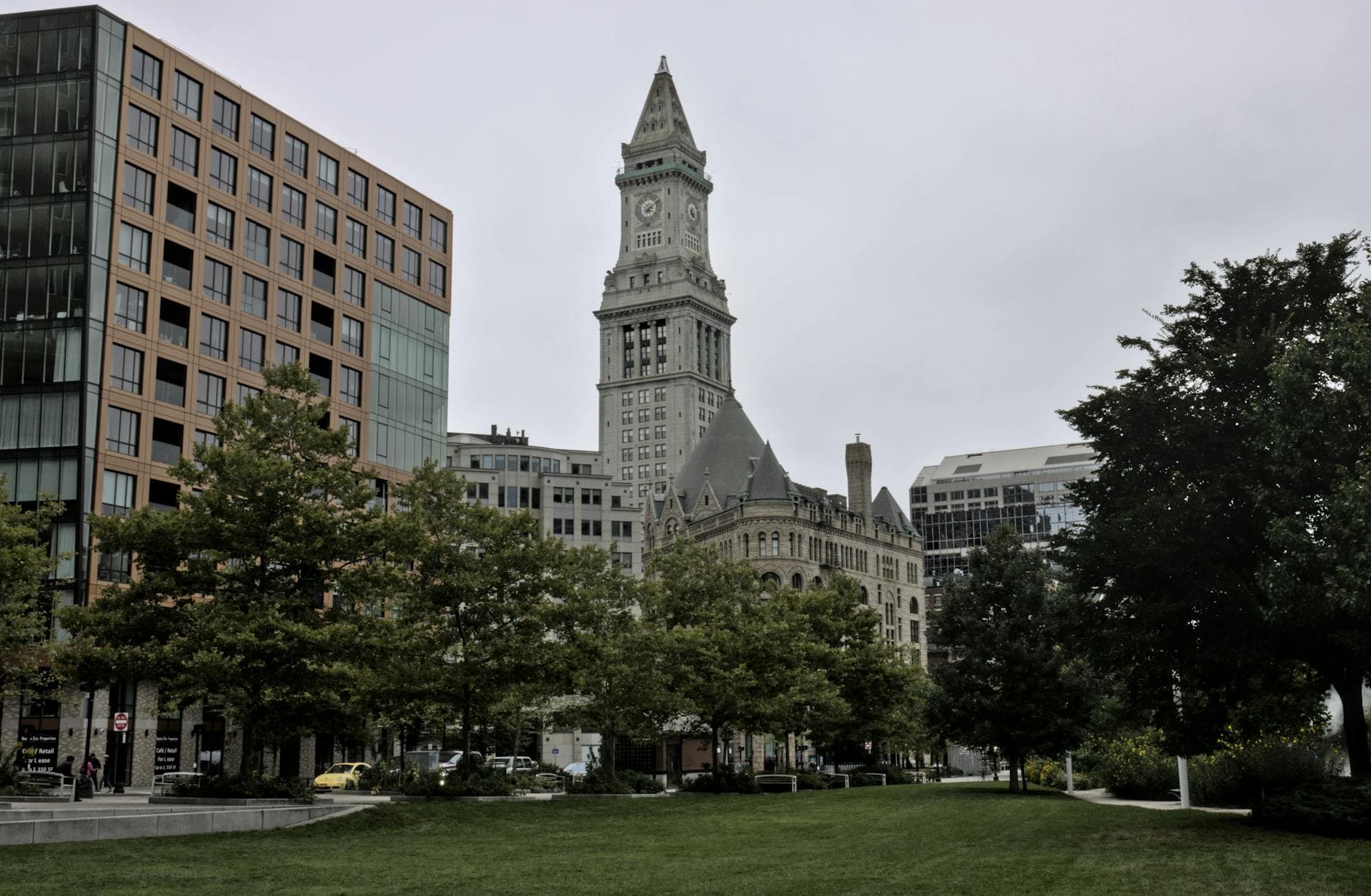 Boston's iconic Custom House Tower framed by greenery in a cityscape.