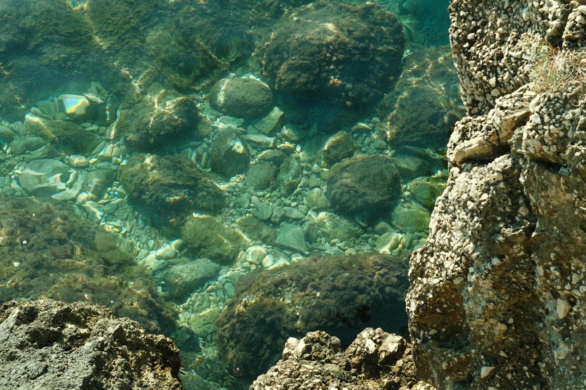 Clear view of the Adriatic Sea's underwater rocks in Brela, Croatia, showcasing crystal clear waters and rugged coastline.