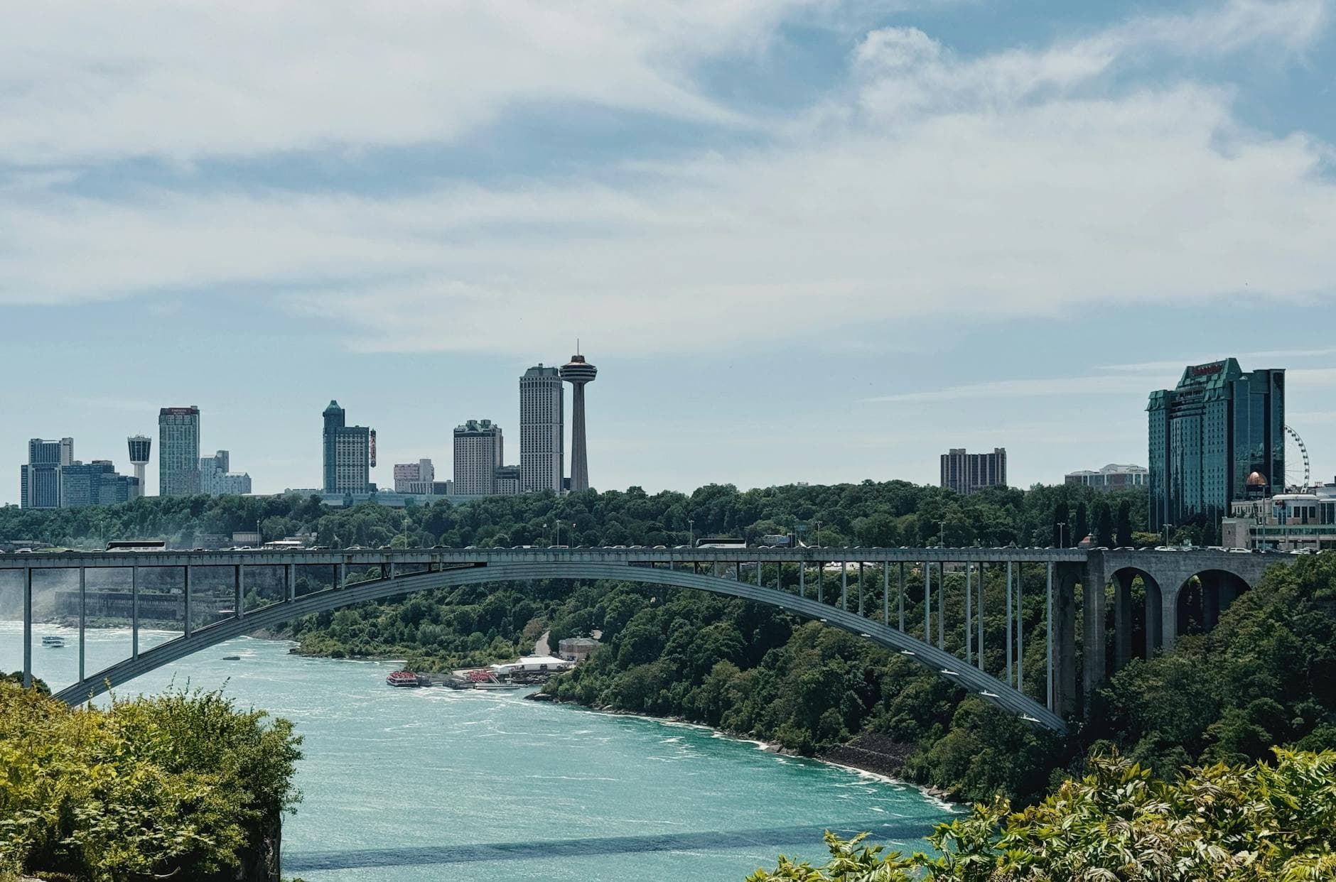 A stunning view of the Rainbow International Bridge connecting Canada and the USA over the Niagara River.