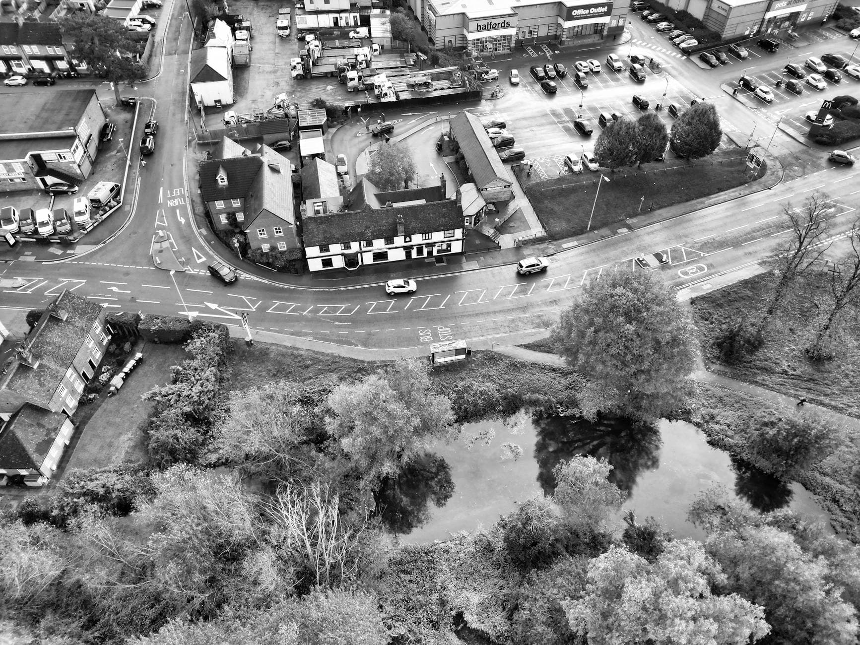 Aerial view over Hemel Hempstead, highlighting roads and parking with a classic UK town feel.
