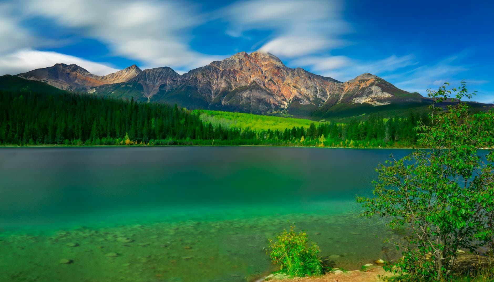 Breathtaking view of Patricia Lake and Pyramid Mountain in Jasper National Park, Canada.