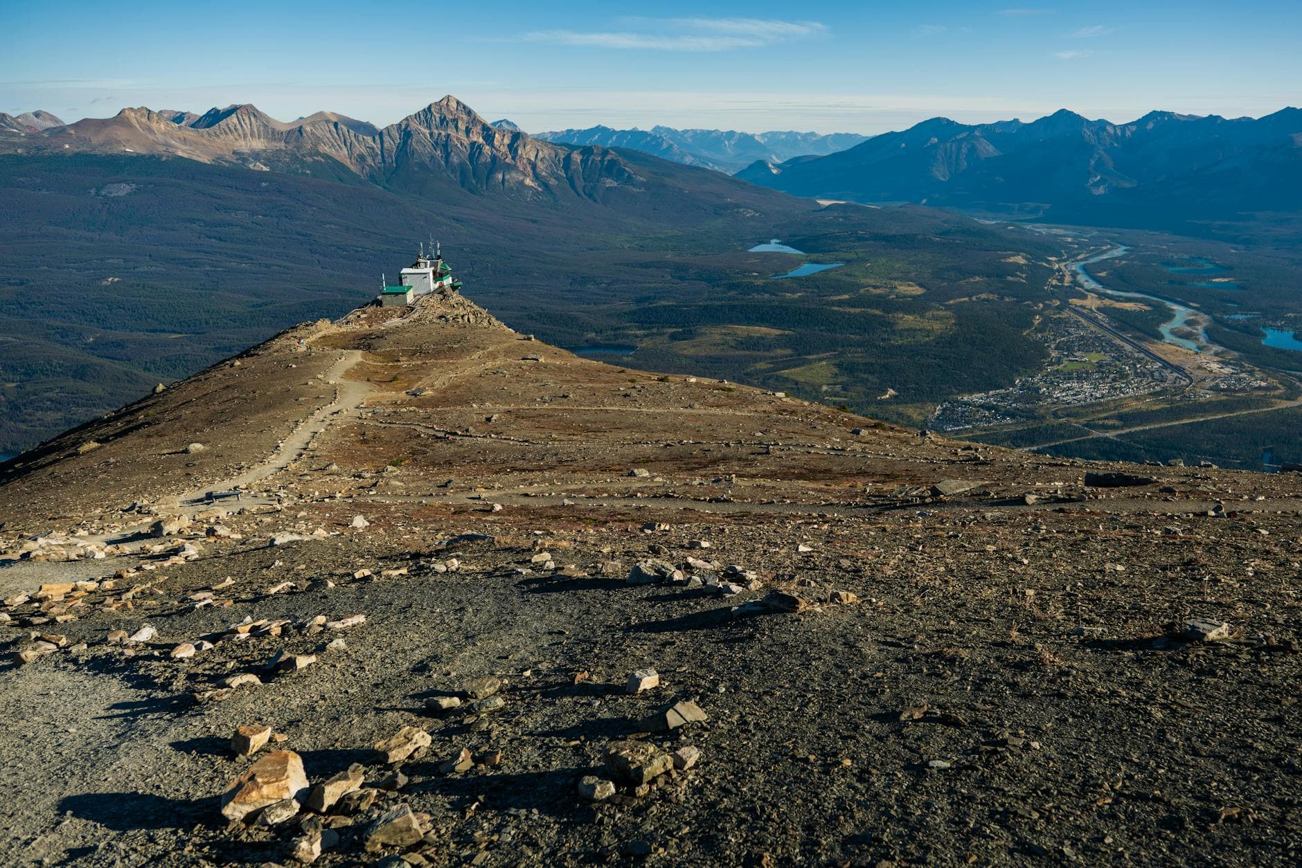 A breathtaking view of Jasper, Alberta's mountainous landscape from the SkyTram summit station.