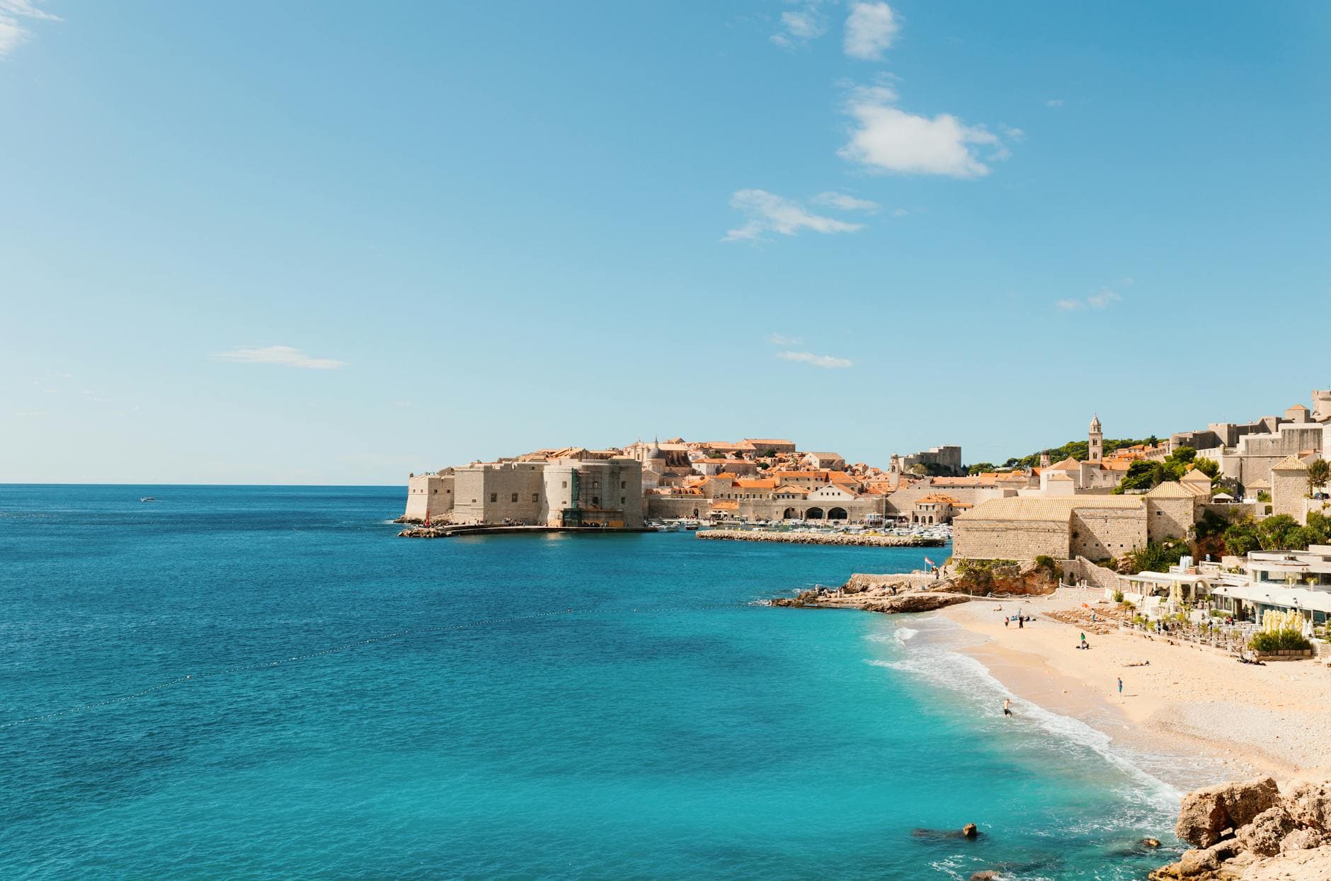 Breathtaking view of Dubrovnik's iconic coastline and Old Town under a clear blue sky.
