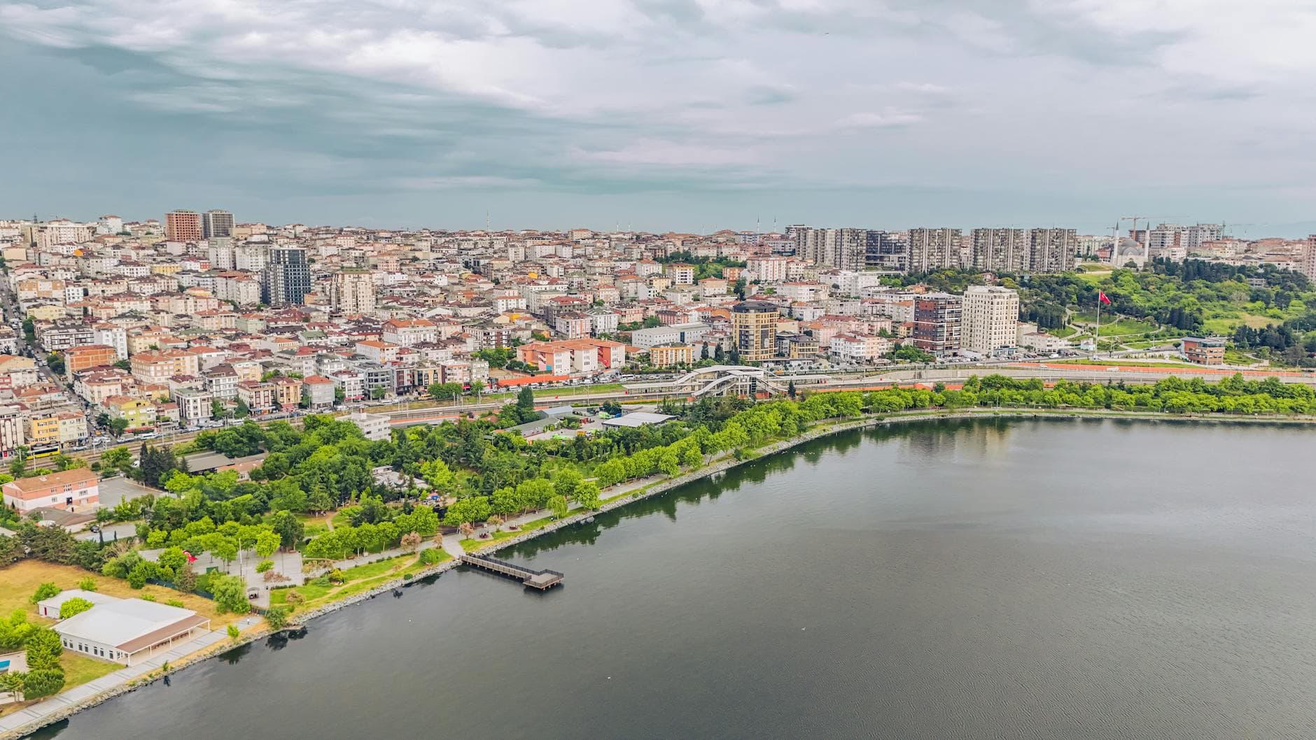 Explore the urban landscape of Küçükçekmece in Istanbul, Turkey from above.