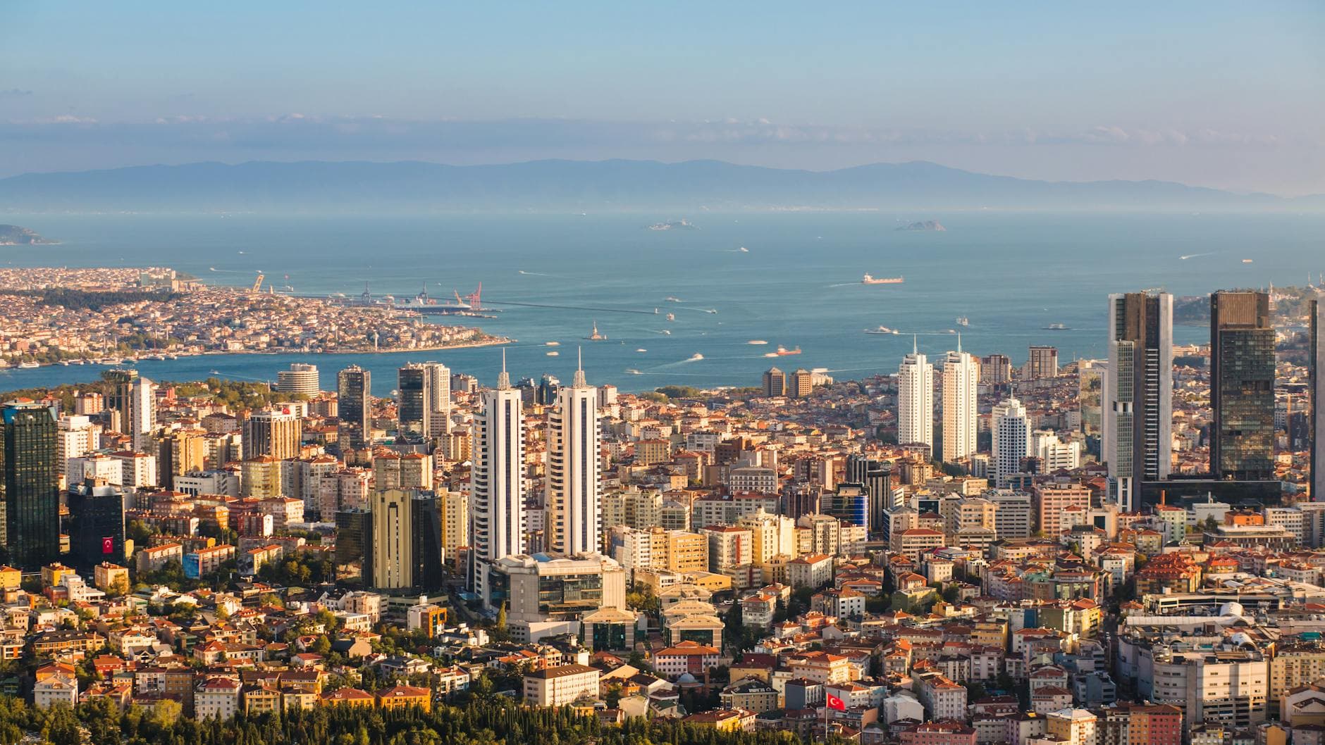 Discover the breathtaking skyline and coastline of Istanbul, Turkey from above.