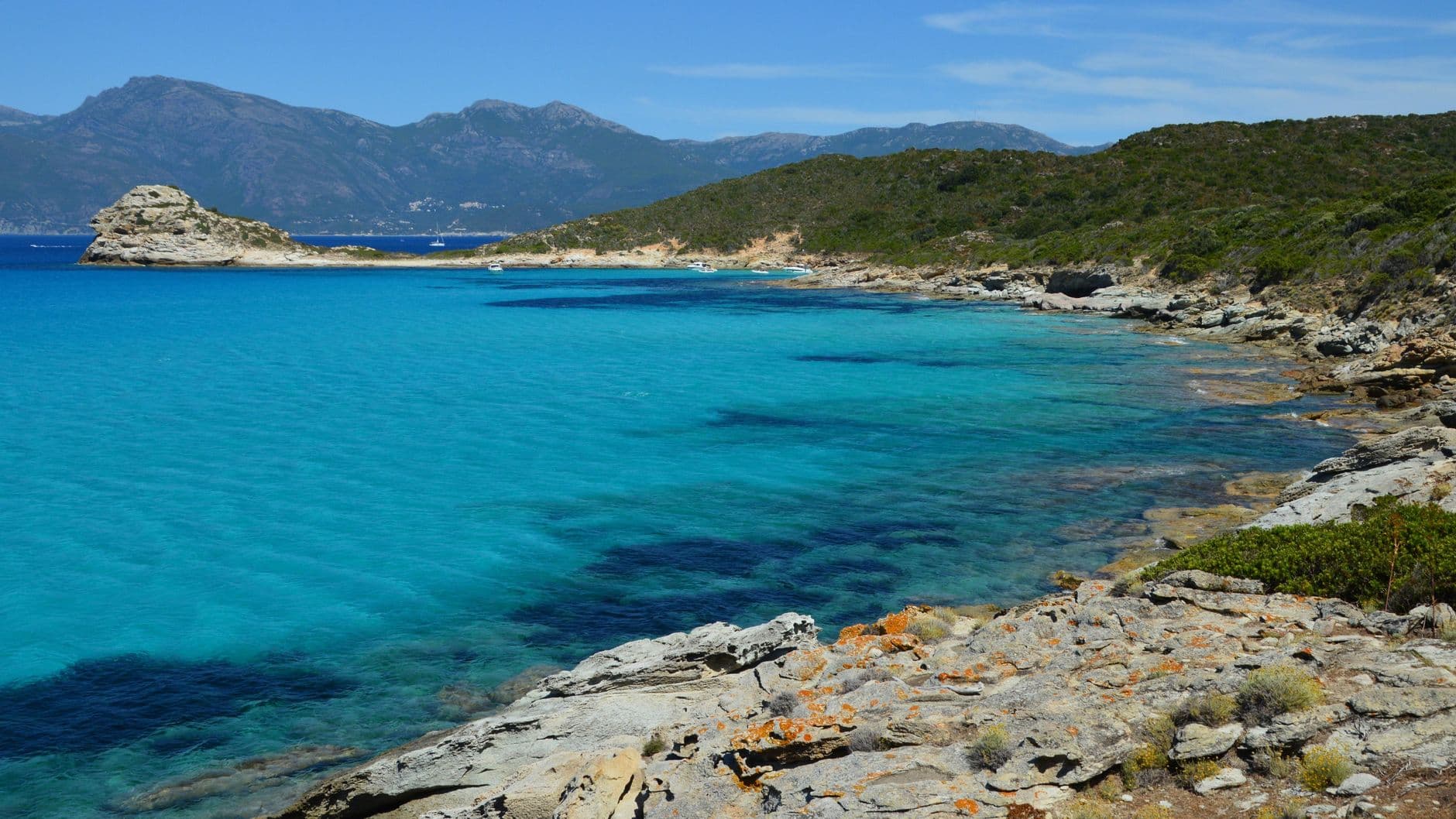 Clear turquoise waters and rocky coastline at Saleccia Beach in Corsica, France.