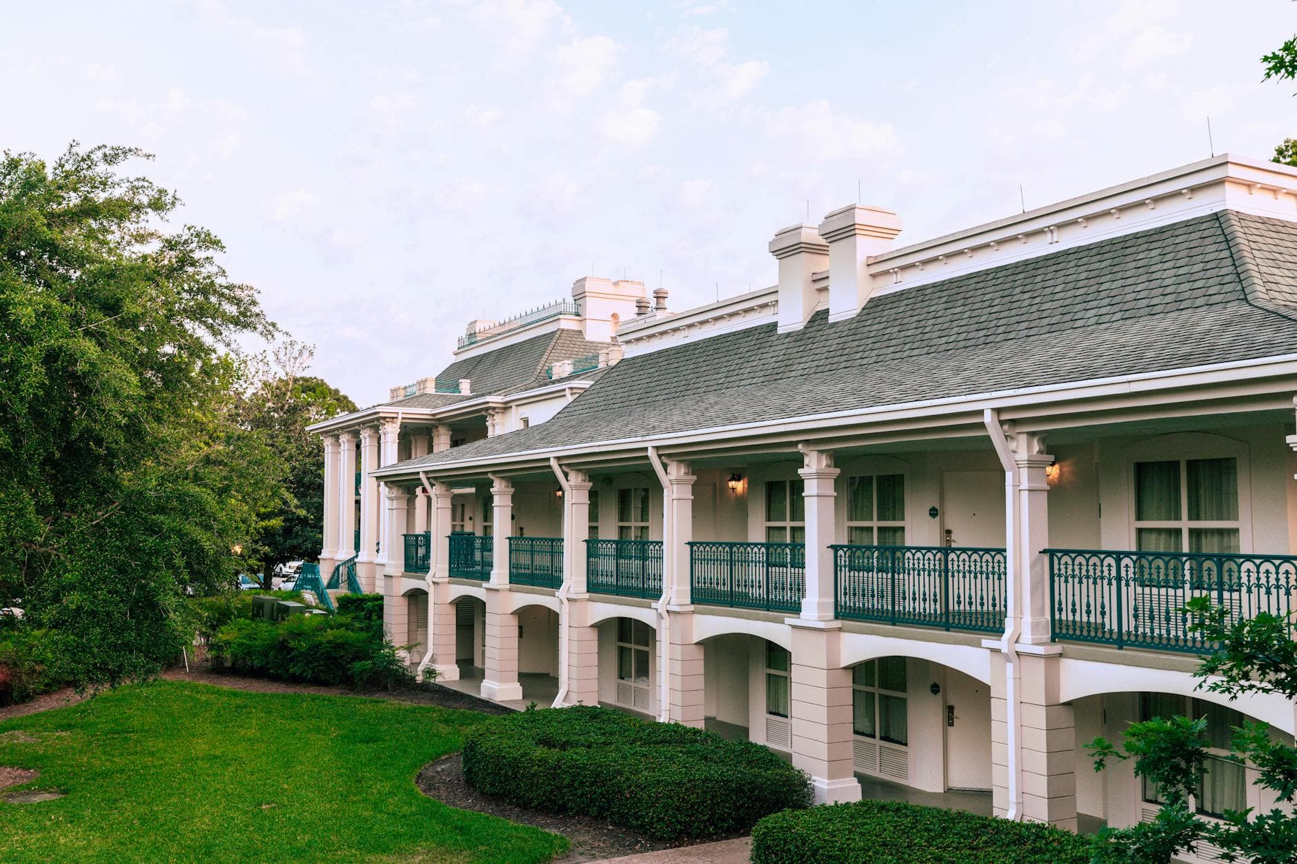 Charming view of a classic hotel exterior at Lake Buena Vista, Florida, ideal for travel and architecture enthusiasts.