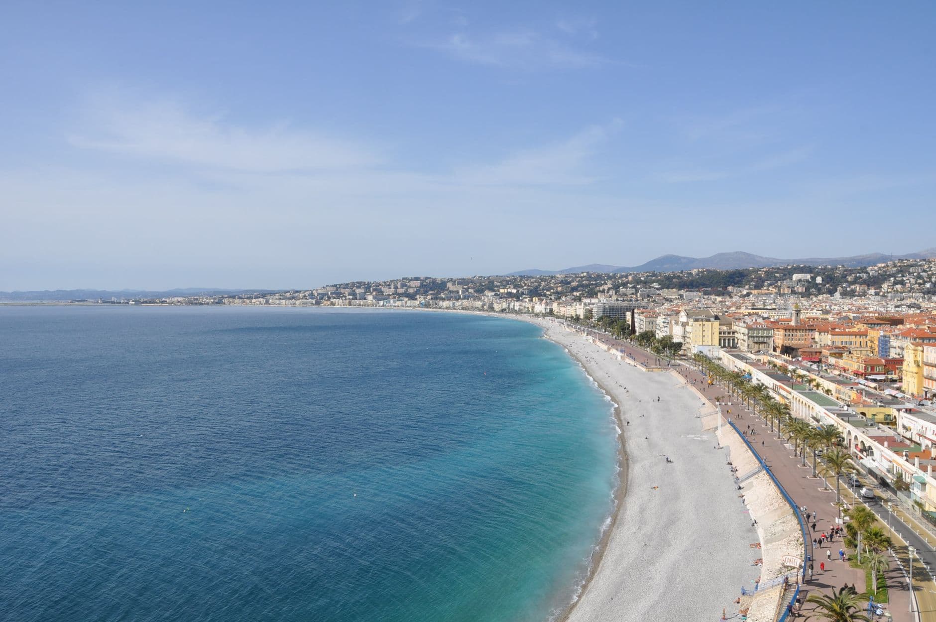 A stunning aerial view of Nice's beachfront along the French Riviera, showcasing the city's coastline.