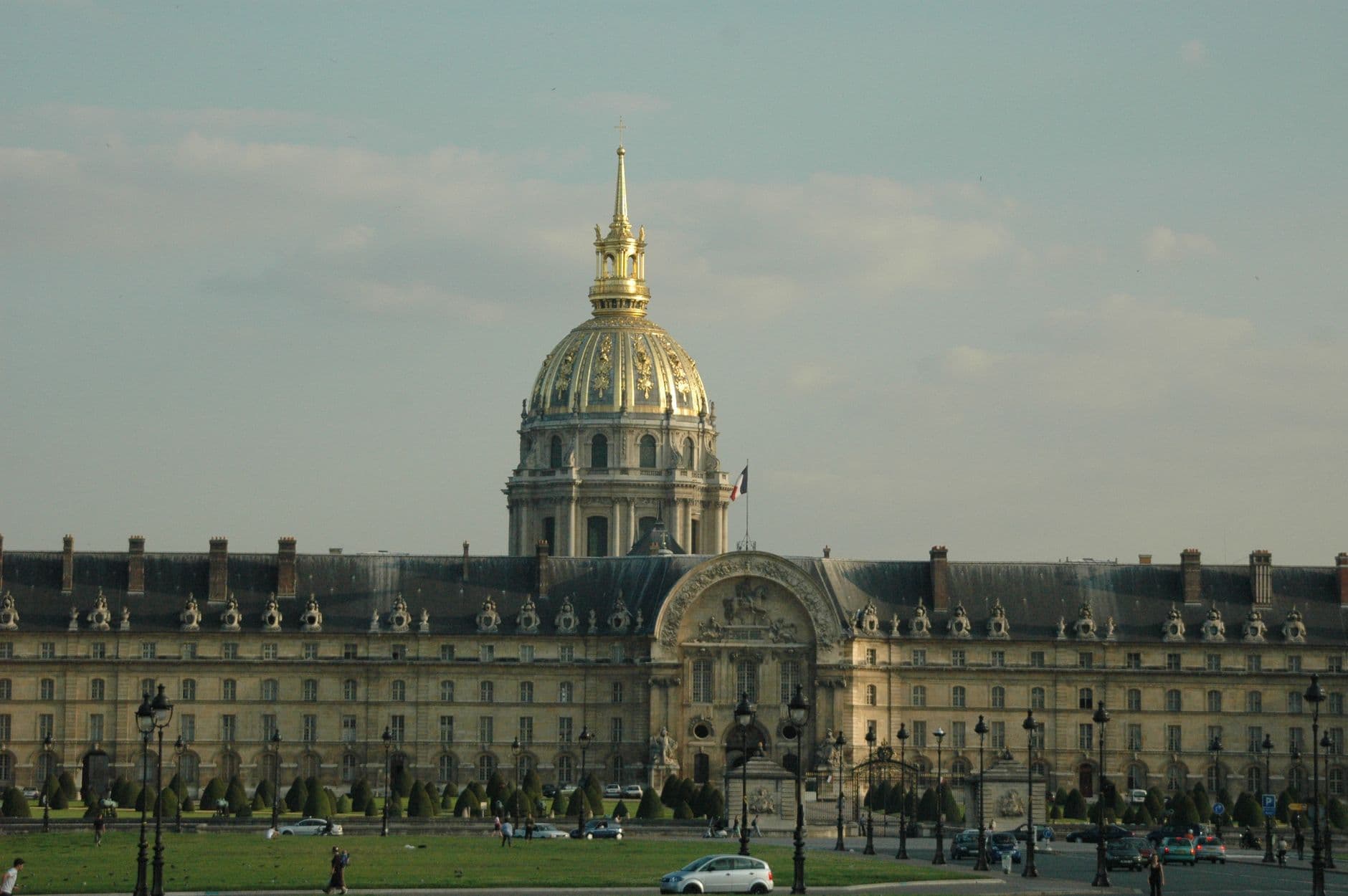 View of the historic Les Invalides dome and facade in Paris, France.