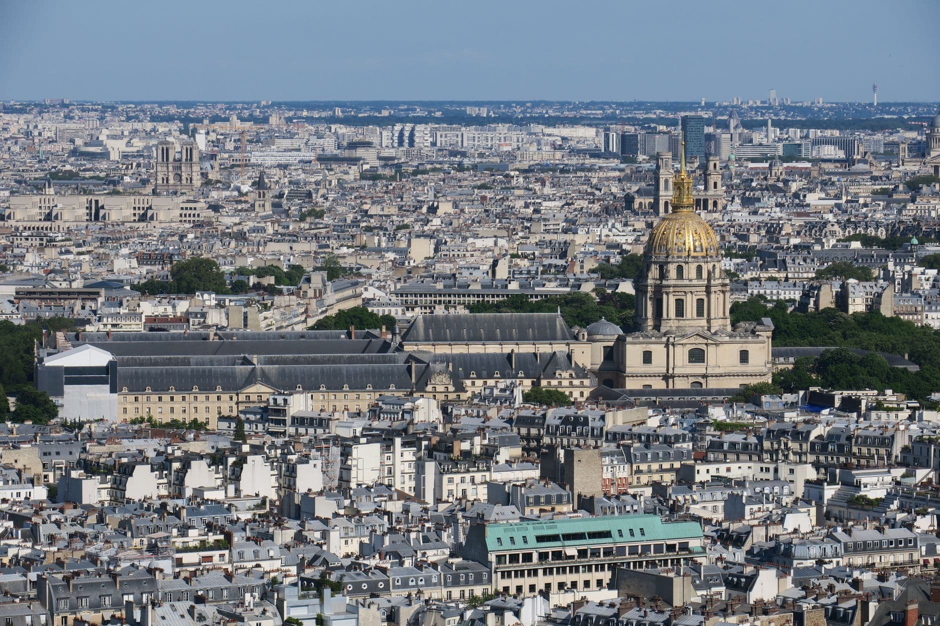 Scenic aerial view of Les Invalides in Paris, showcasing the iconic cityscape and historic architecture.