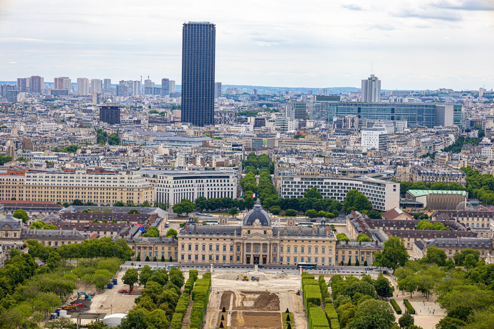 Aerial view of the iconic École Militaire and Montparnasse Tower in Paris, France.