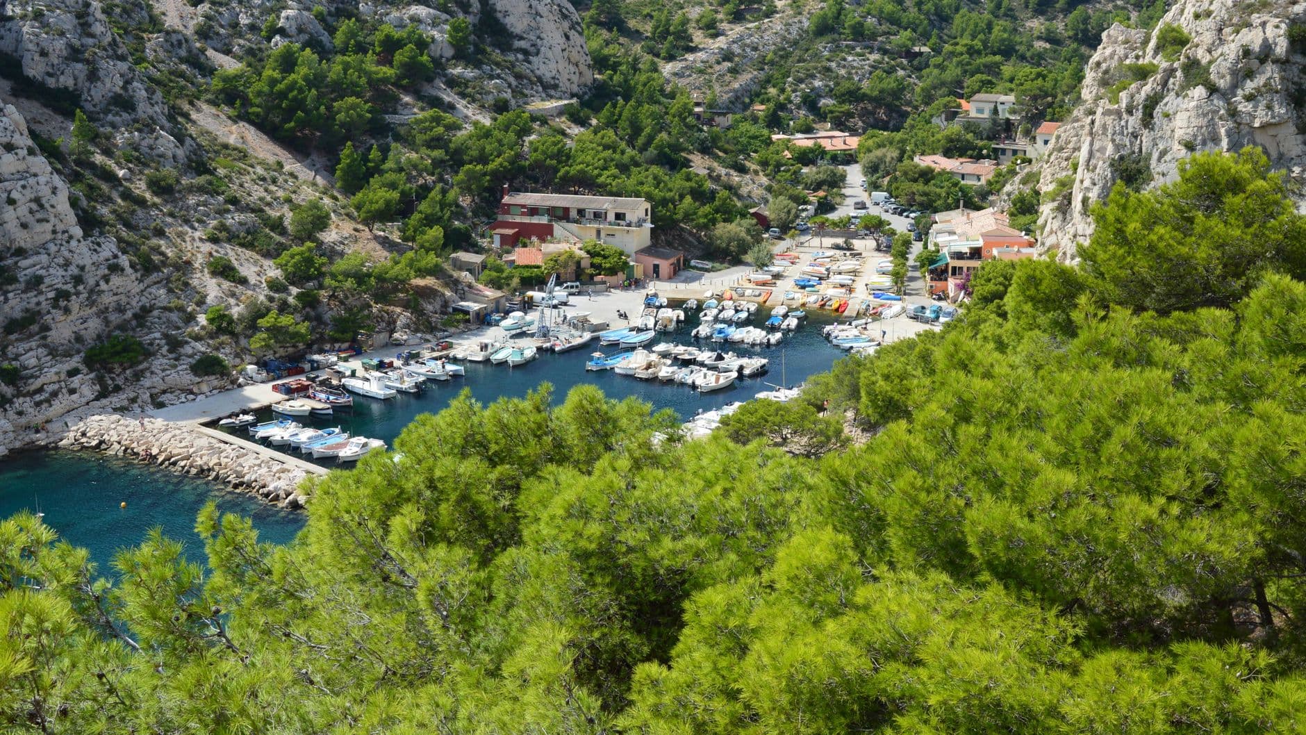 A stunning view of Calanque de Morgiou harbor with lush greenery and boats docked, set between rocky cliffs.