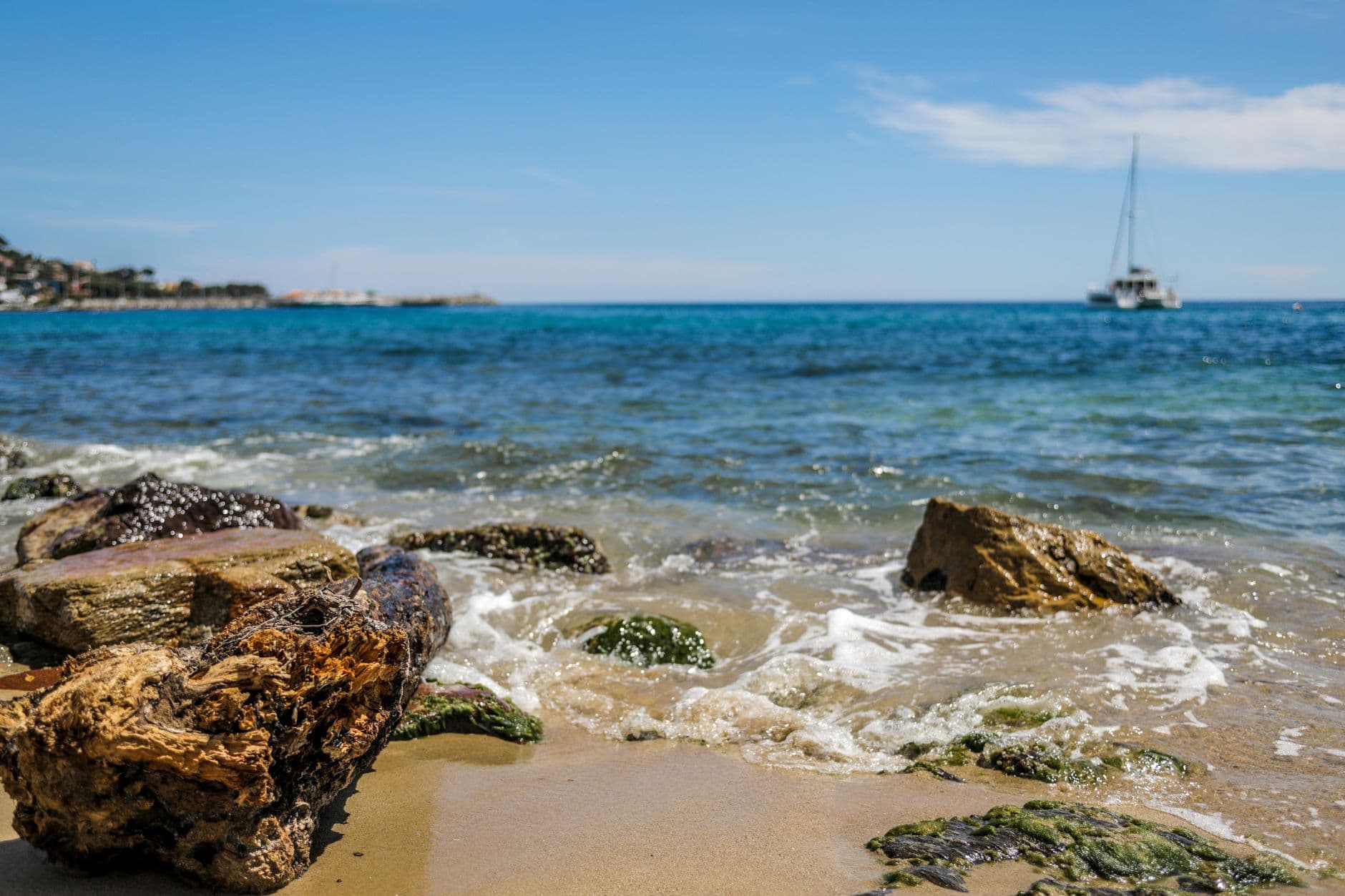 Driftwood and waves meeting on a serene beach in Marseille, France, with a sailboat in view.