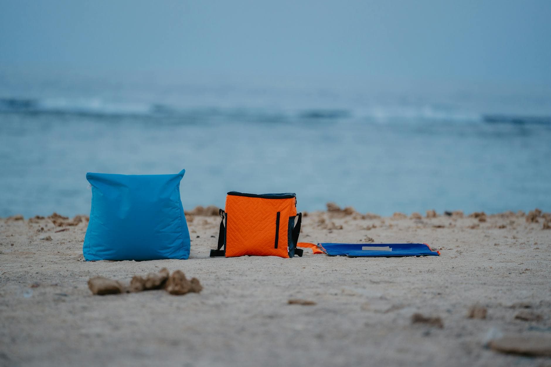 Camping gear set on peaceful Marsa Alam beach in Egypt, perfect for seaside relaxation.