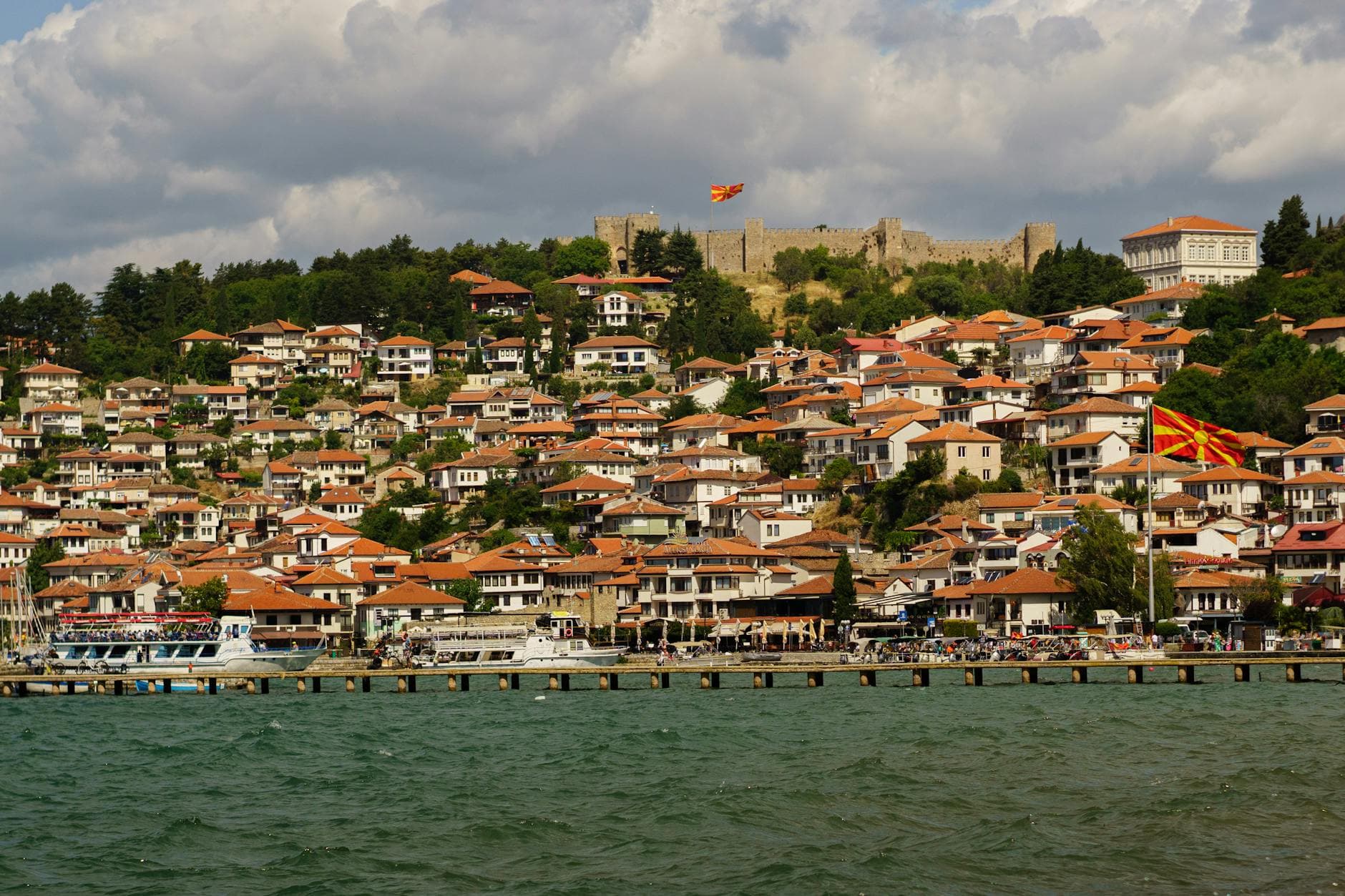 Picturesque view of Ohrid, North Macedonia with historical architecture and lakefront.