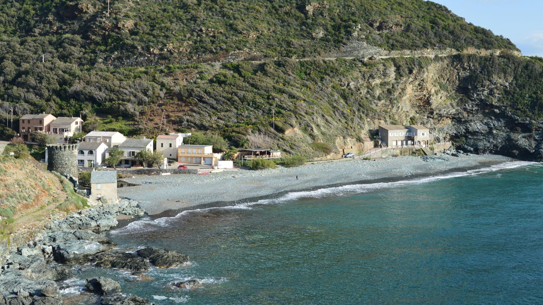 Picturesque coastal view of Olmeta-di-Capocorso, Corse, France with rocky shore and clear water.