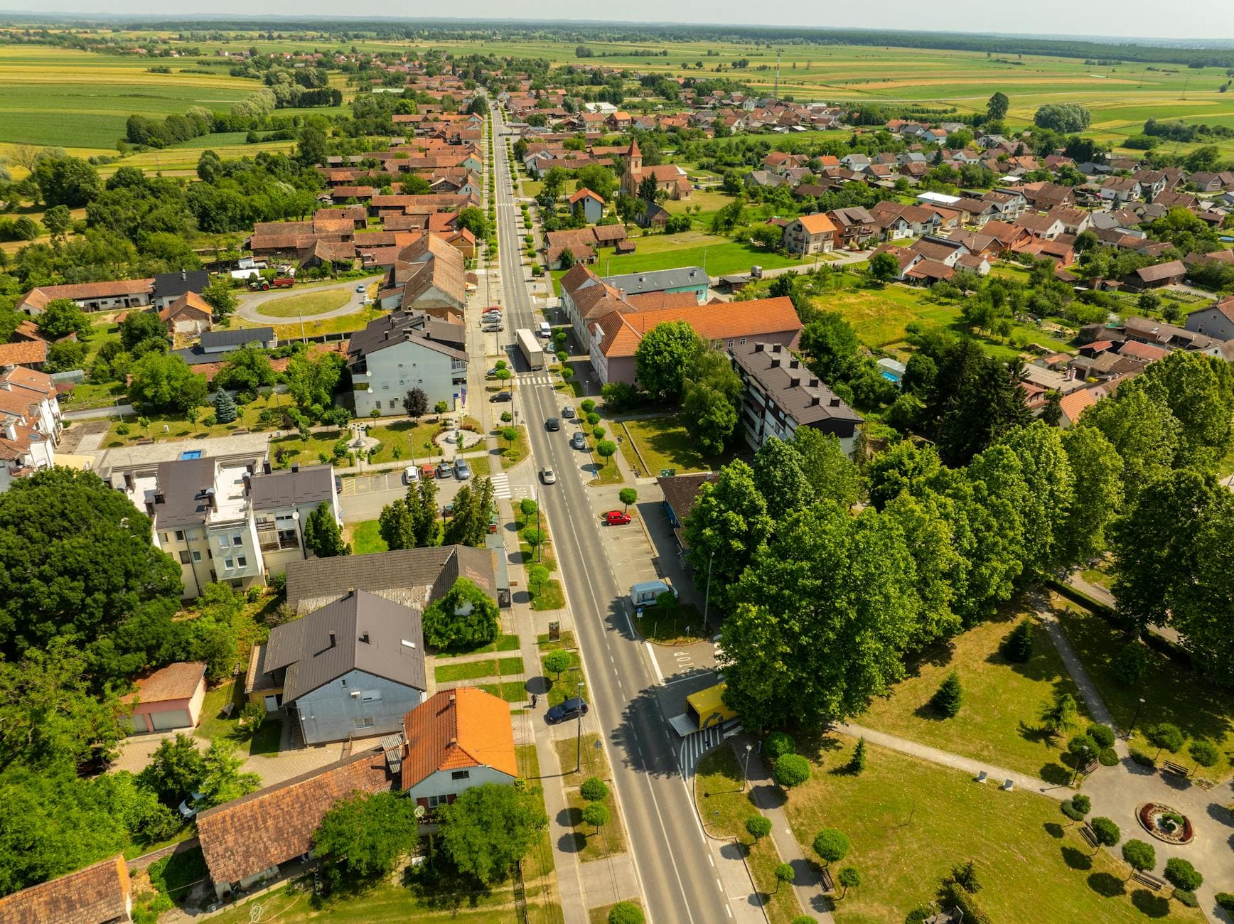 Aerial view of the picturesque town of Hercegovac, Croatia, on a sunny day.