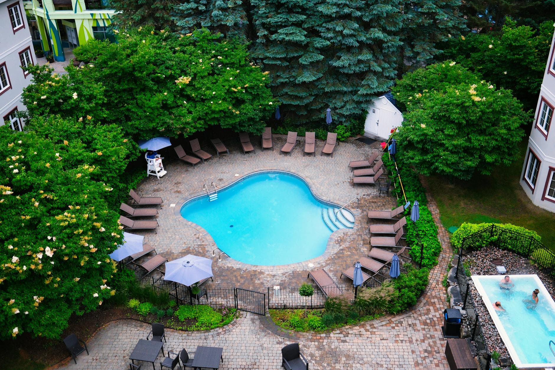 Charming aerial shot of a swimming pool surrounded by lush greenery in Mont-Tremblant, Canada.