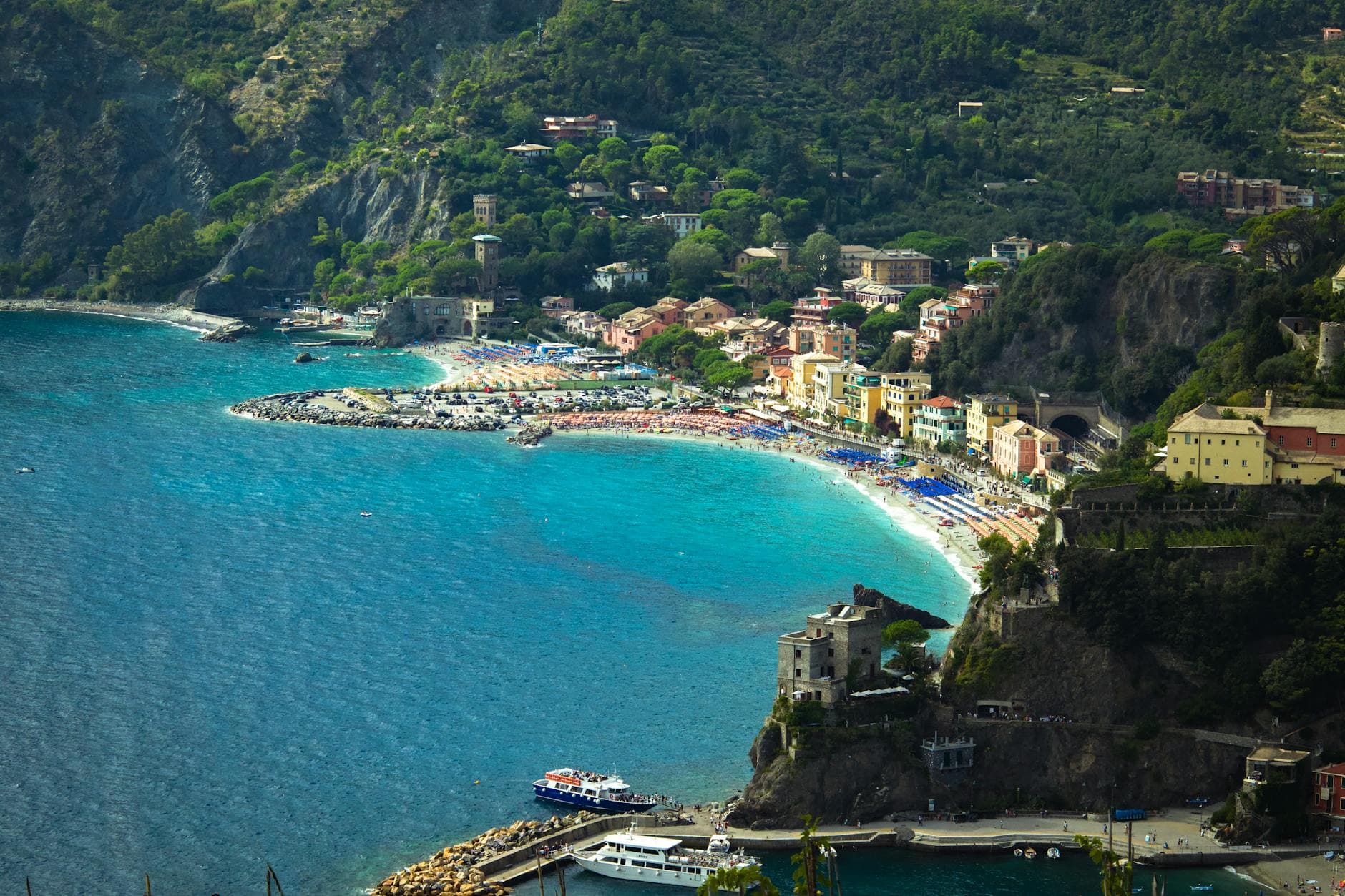 Breathtaking aerial view of Monterosso al Mare's coastline in Cinque Terre, Italy.