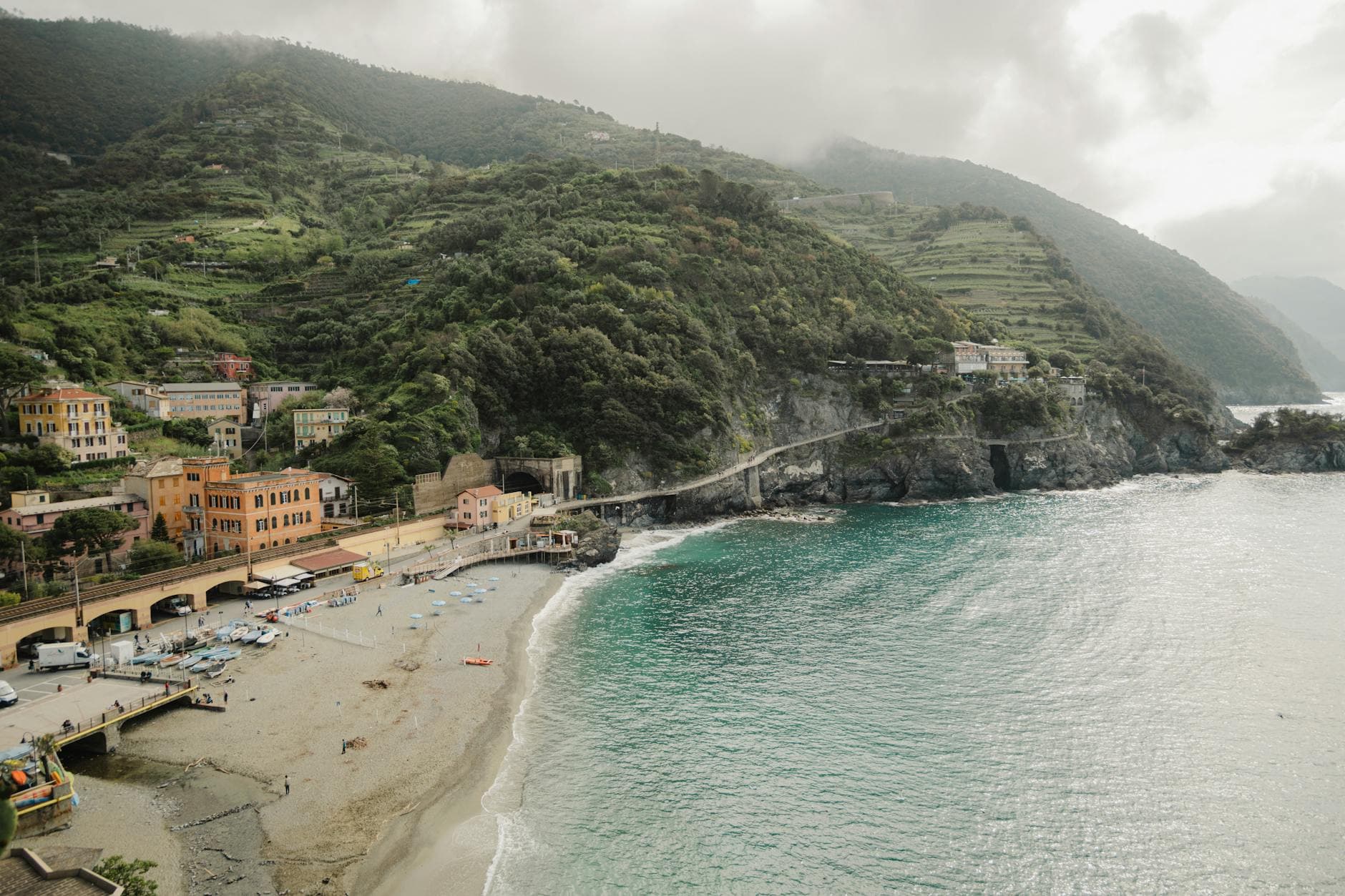 Aerial view of Monterosso al Mare's stunning coastline in Cinque Terre, Italy.