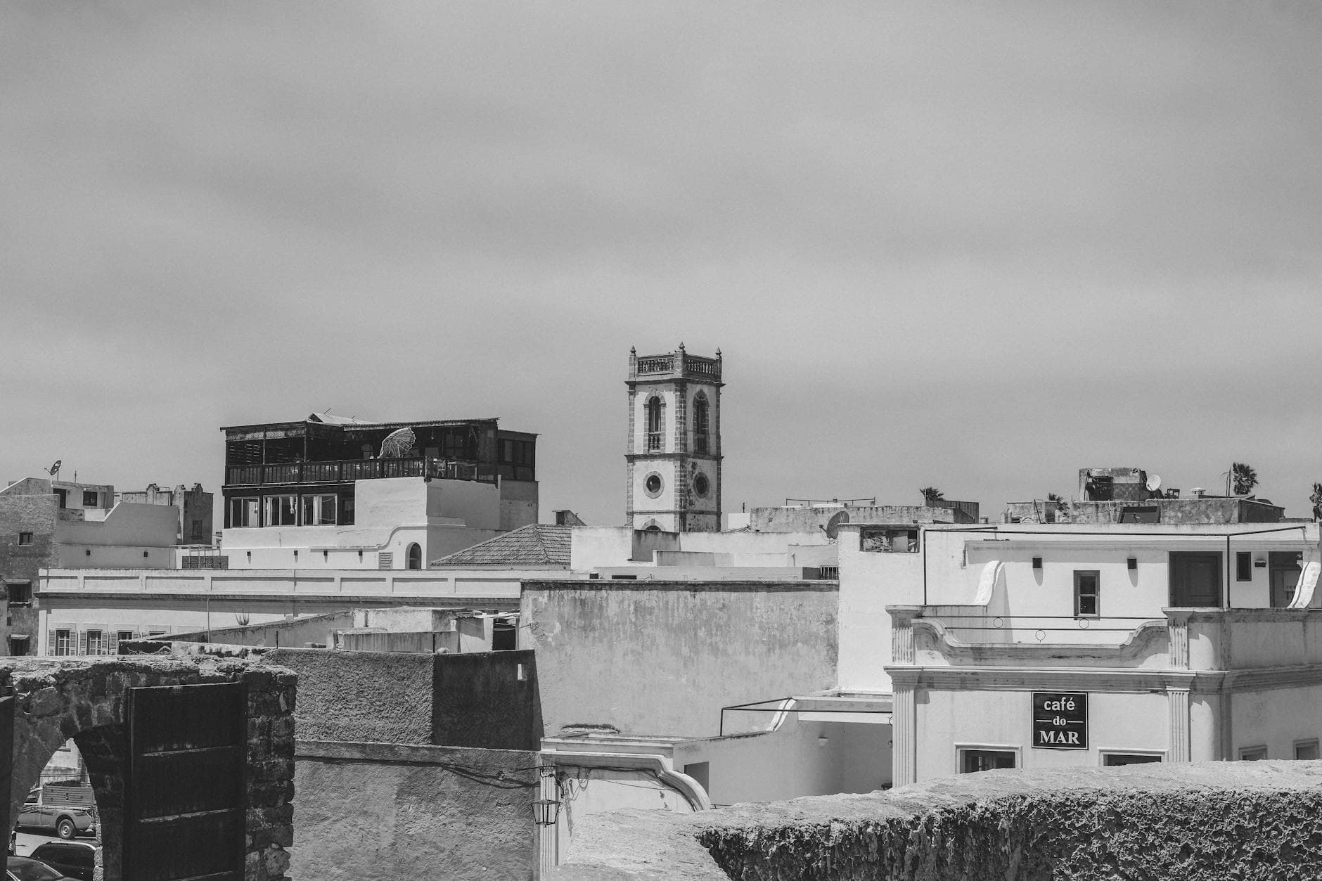 Monochrome image capturing the historic Medina rooftops in El Jadida, Morocco.