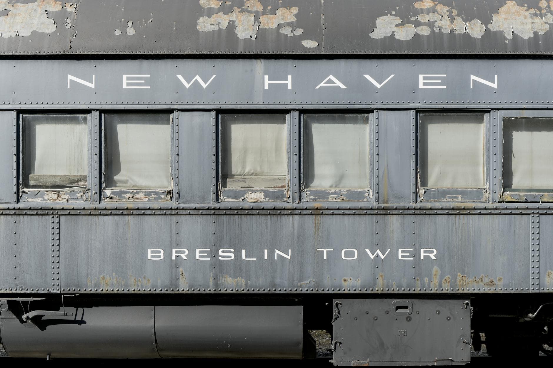 Close-up view of vintage New Haven Railroad car 'Breslin Tower'.