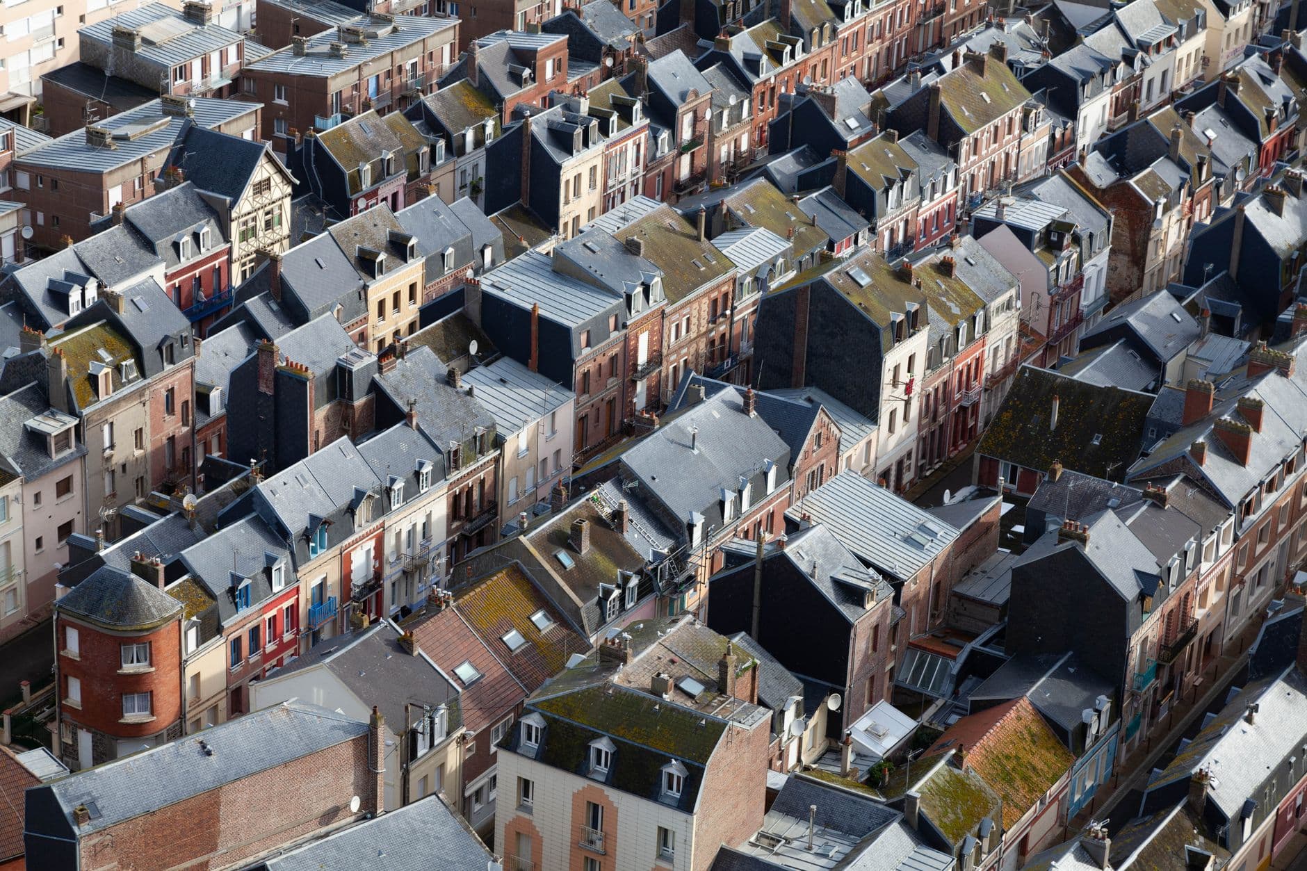 Charming aerial view of historic rooftops in Le Tréport, Normandy, France.