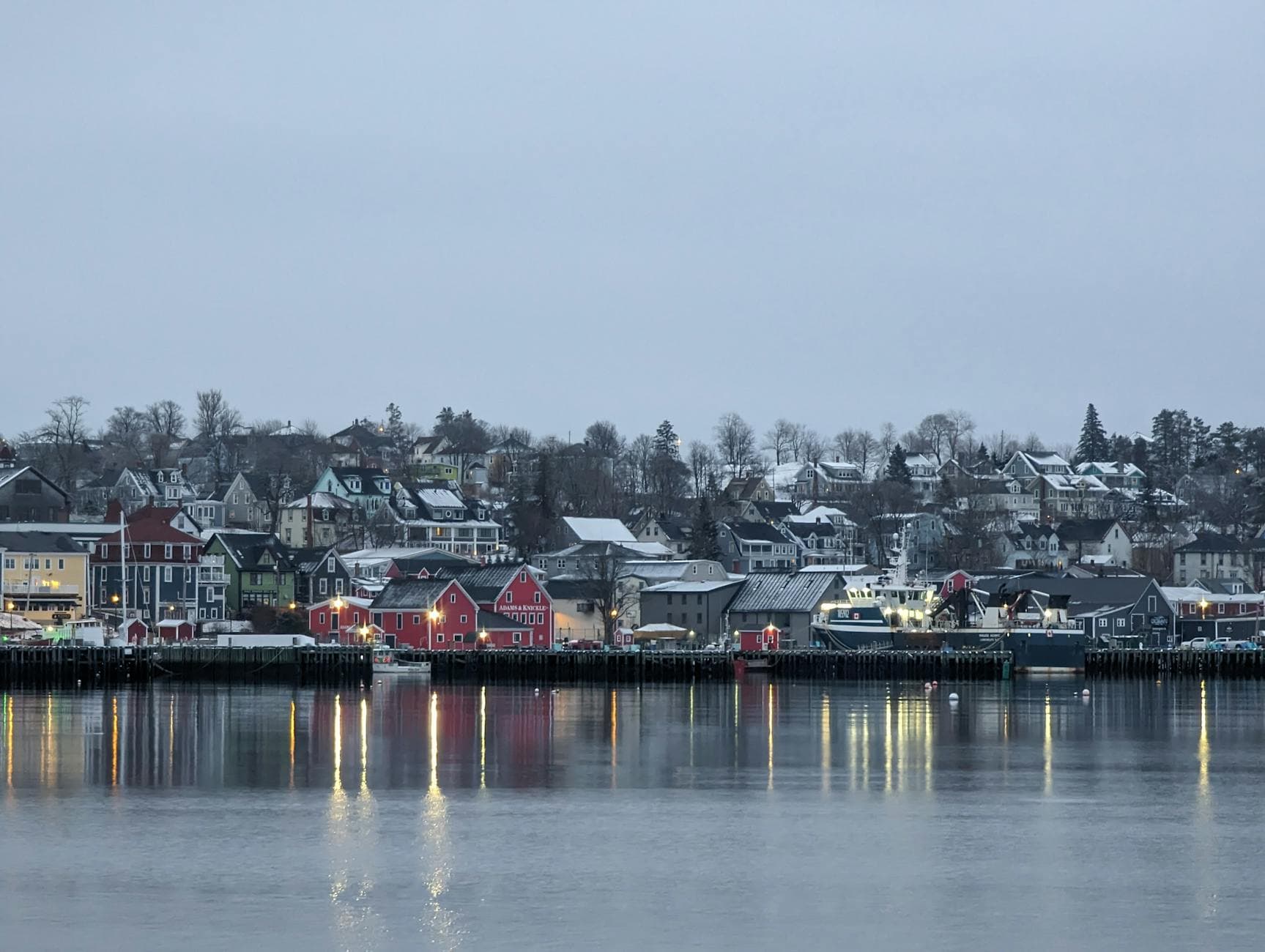 Scenic winter view of Lunenburg's historic waterfront in Nova Scotia, Canada.