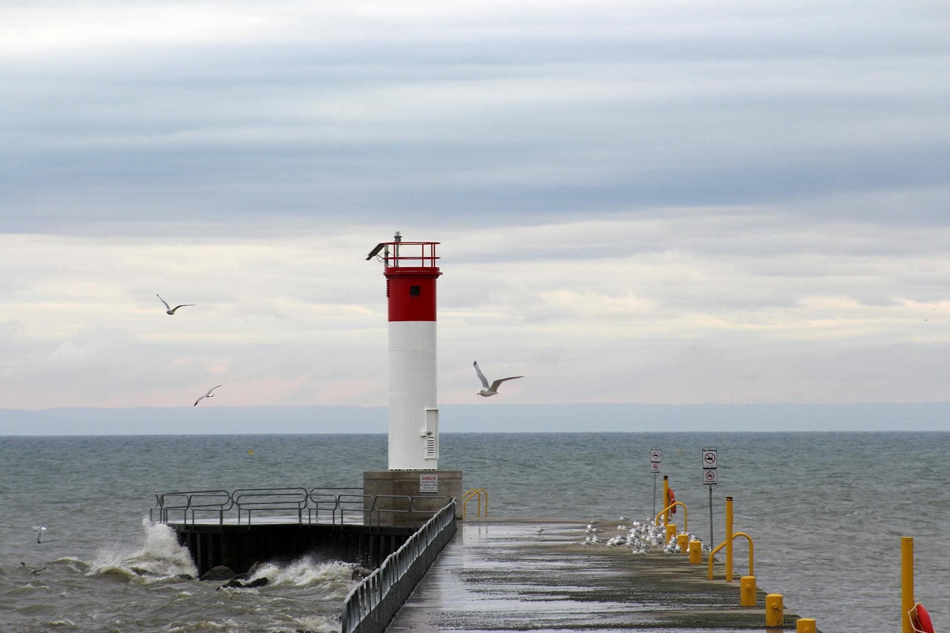 A scenic view of a red and white lighthouse by the Ontario coast with seagulls flying around.