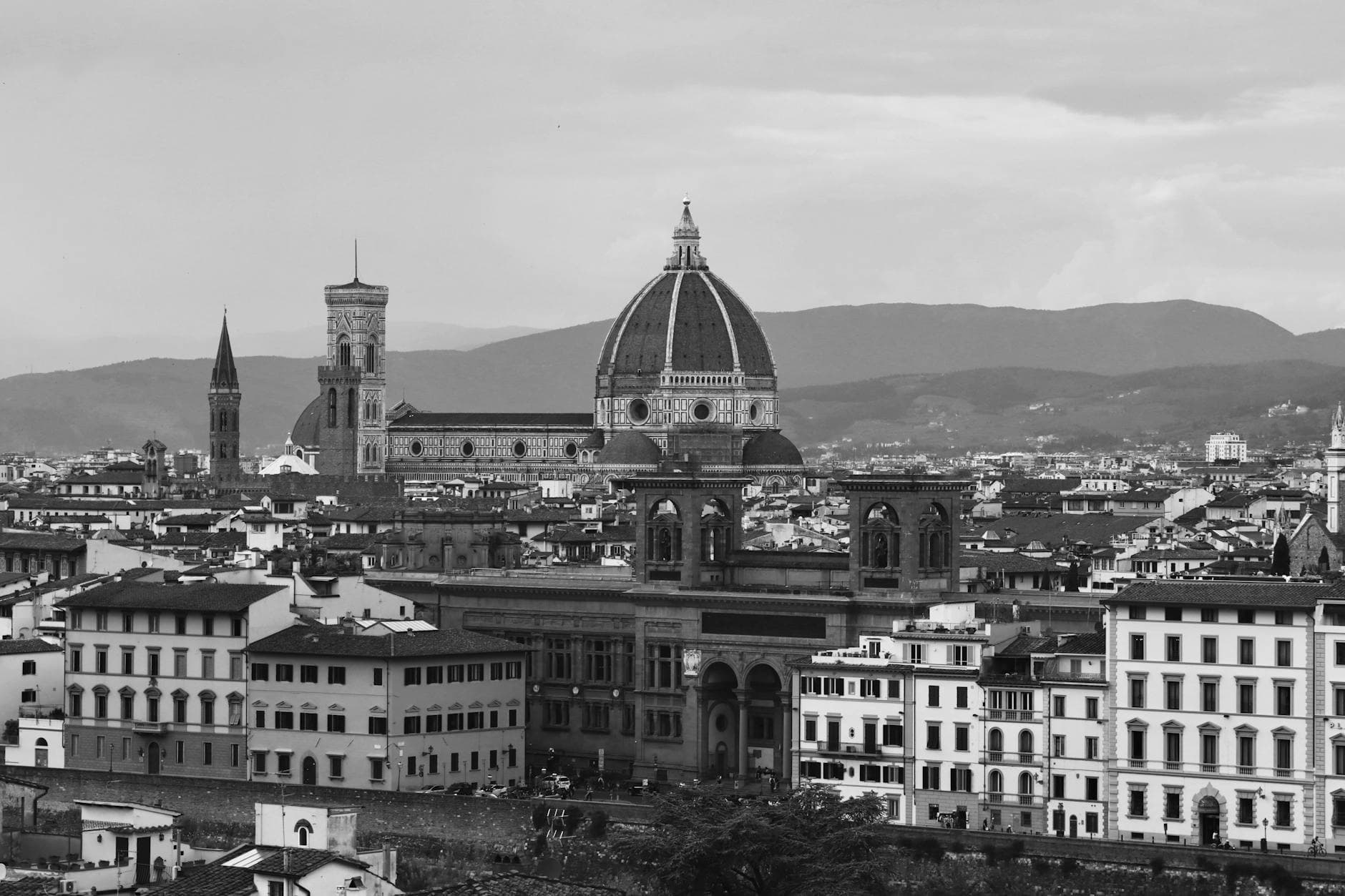 Explore the iconic black and white Florence cityscape with the historic Duomo at its center.