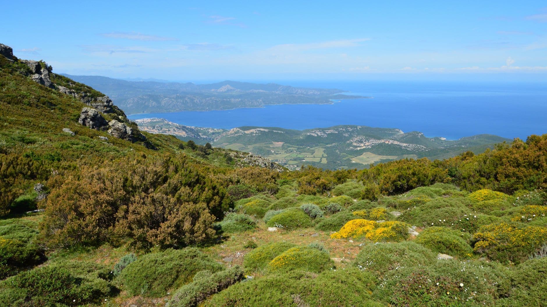 Breathtaking view of Corsican landscape with sea and hills in Bastia, France.