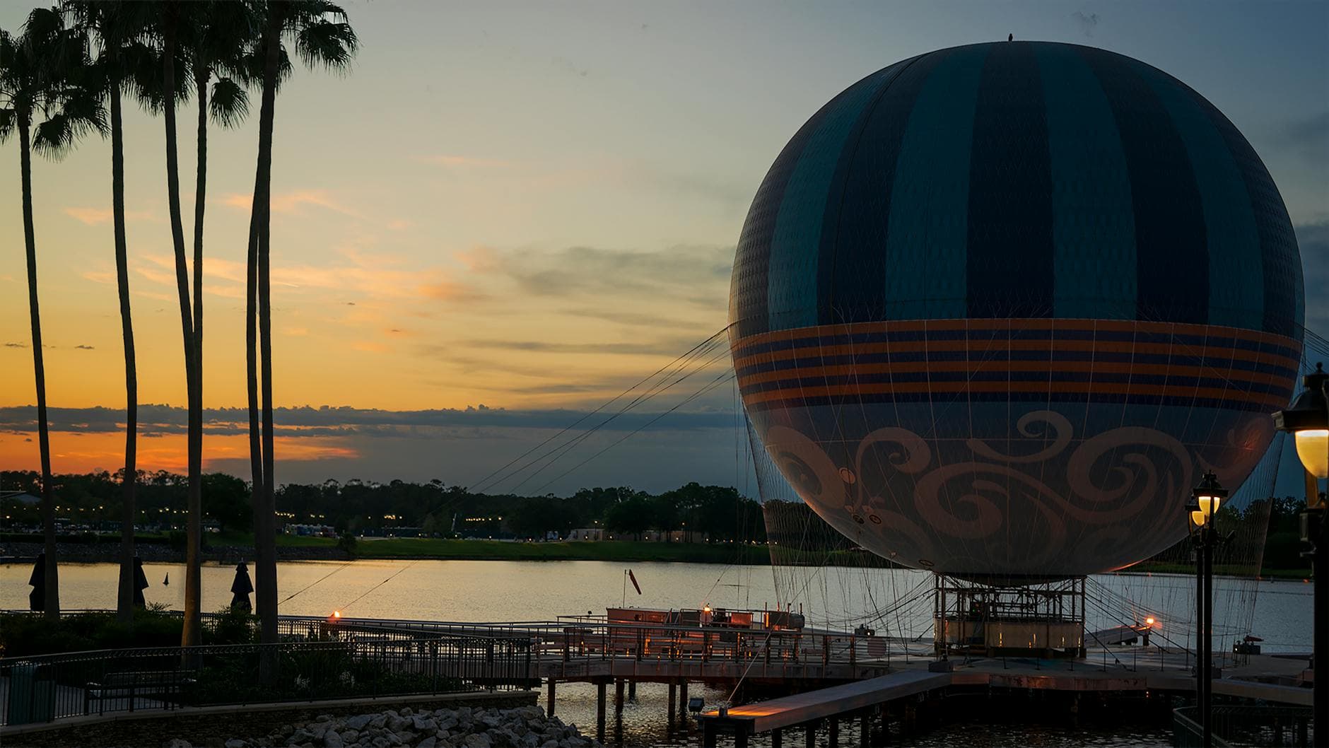 A stunning view of a hot air balloon silhouette at sunset in Orlando, Florida.