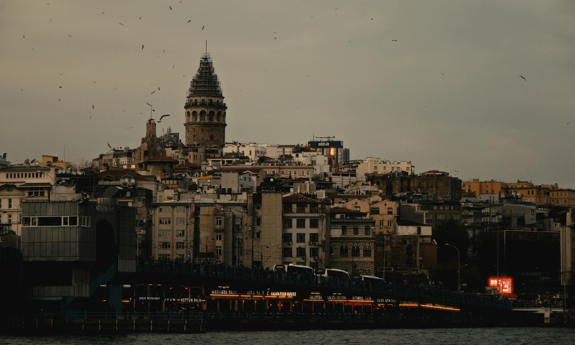 Scenic view of Galata Tower and Istanbul's historic skyline at dusk, featuring moody clouds.