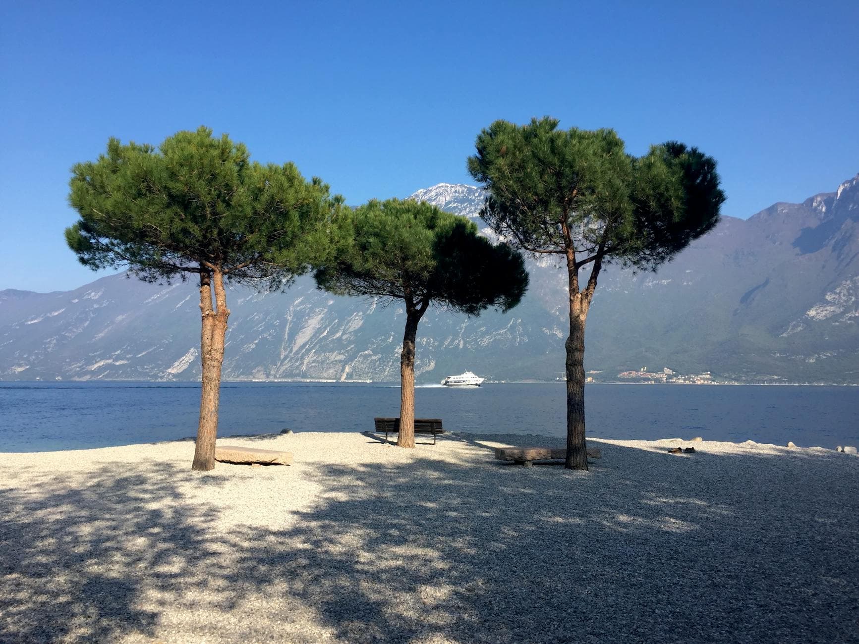 Serene view of Lake Garda's shore with pine trees and distant mountains in Padenghe Sul Garda, Italy.