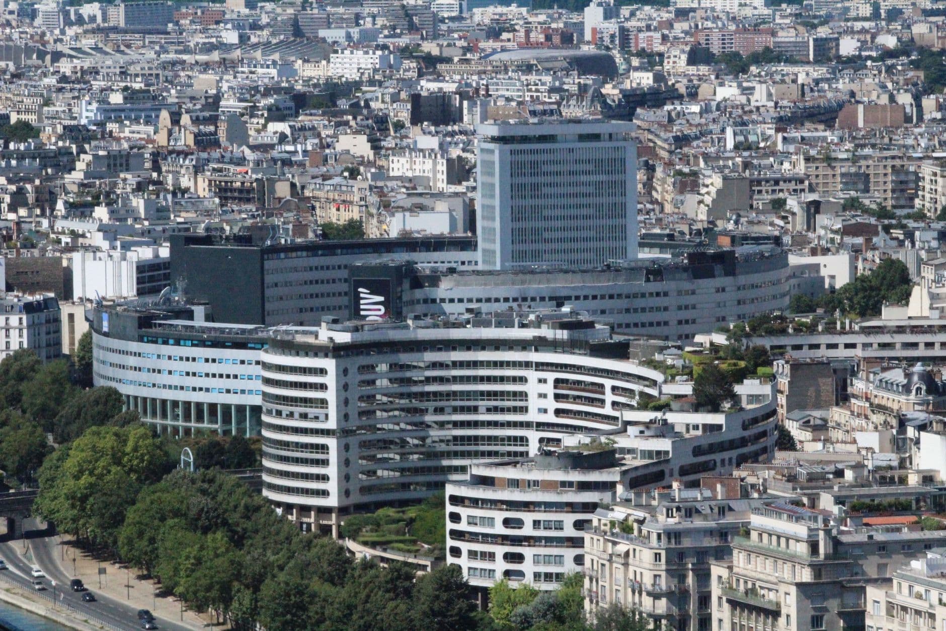 Aerial view of modern and historic architecture in central Paris, France.