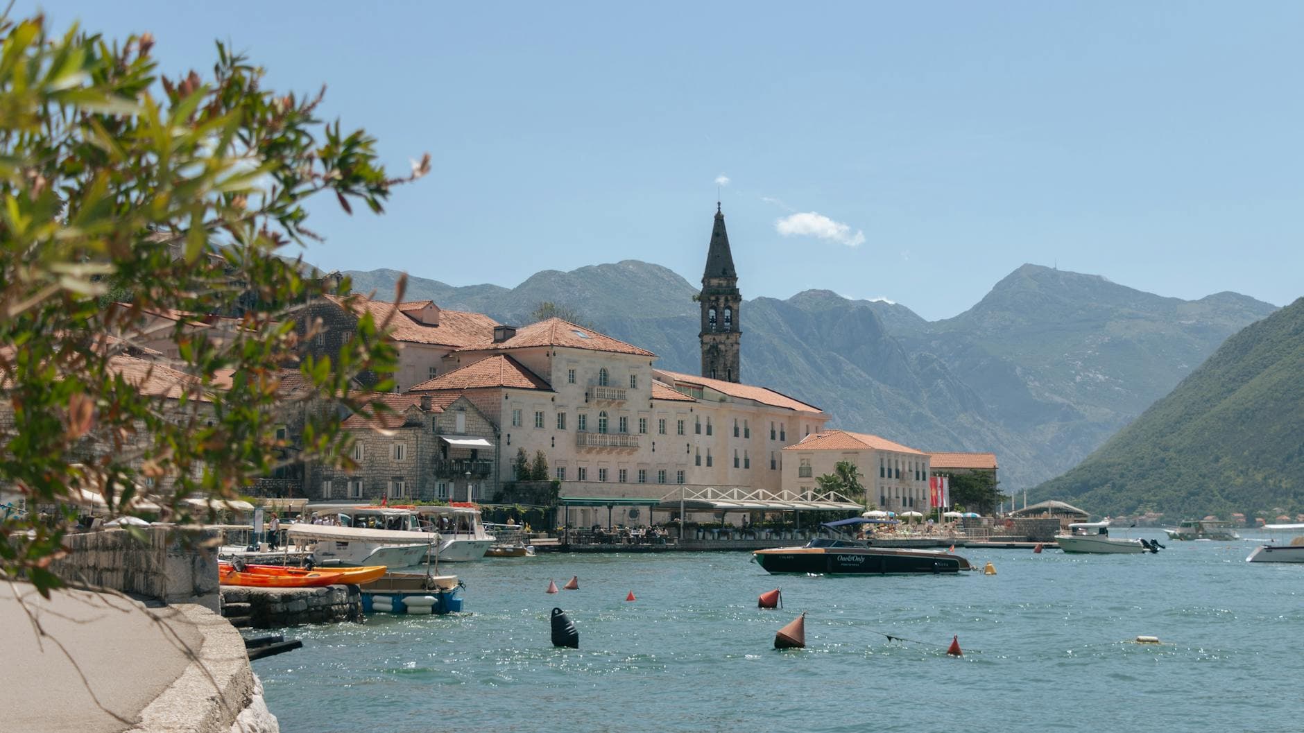 Picturesque view of the historic town of Perast along the Bay of Kotor, Montenegro.