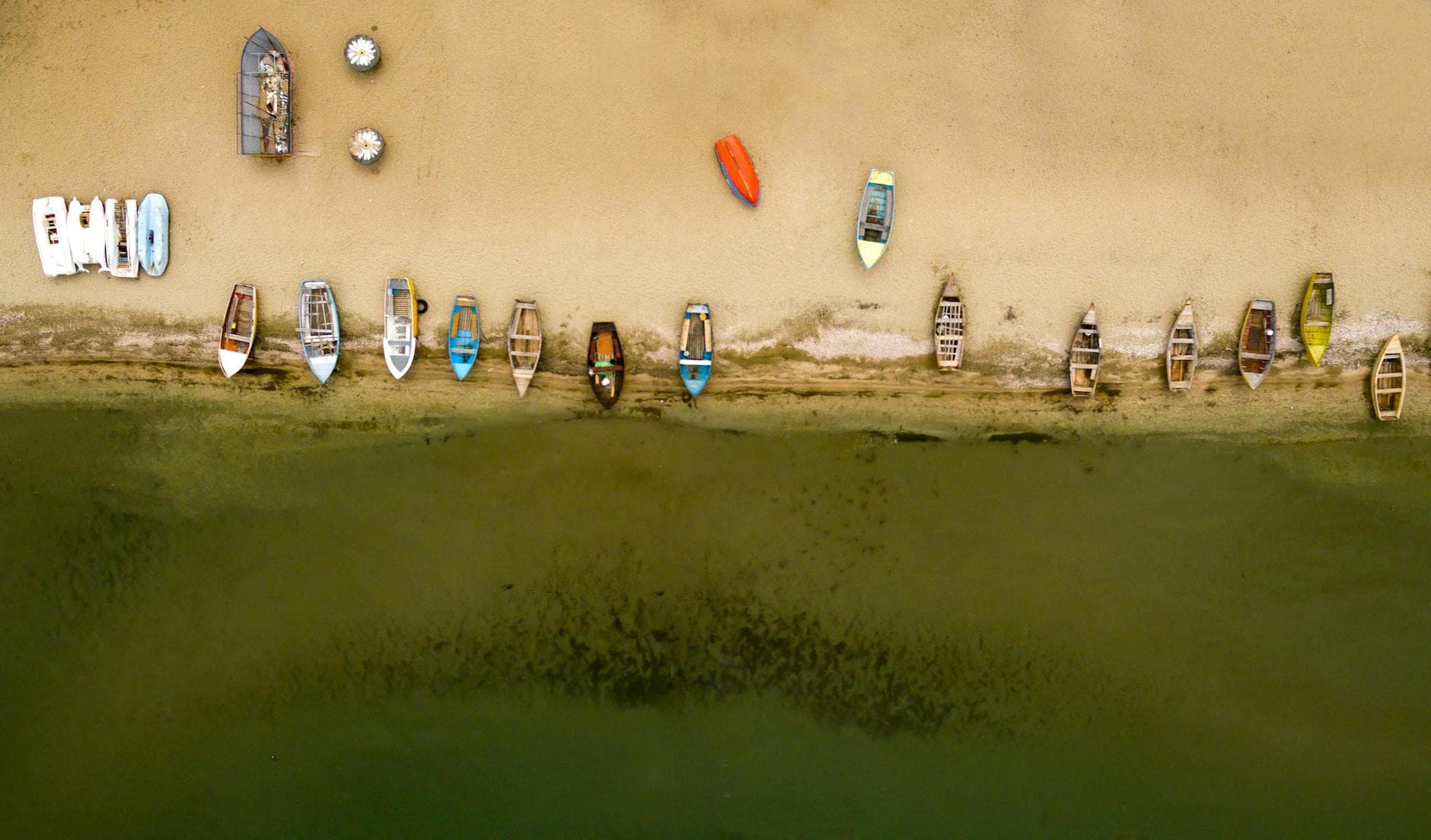 Top view of boats lined up on Pogradec beach in Korçë County, Albania.