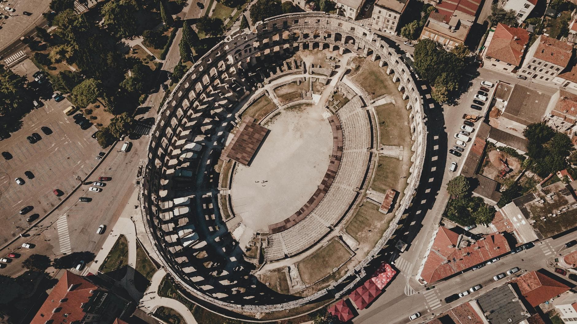 Explore the historic Pula Arena with this stunning aerial view captured in Pula, Croatia.