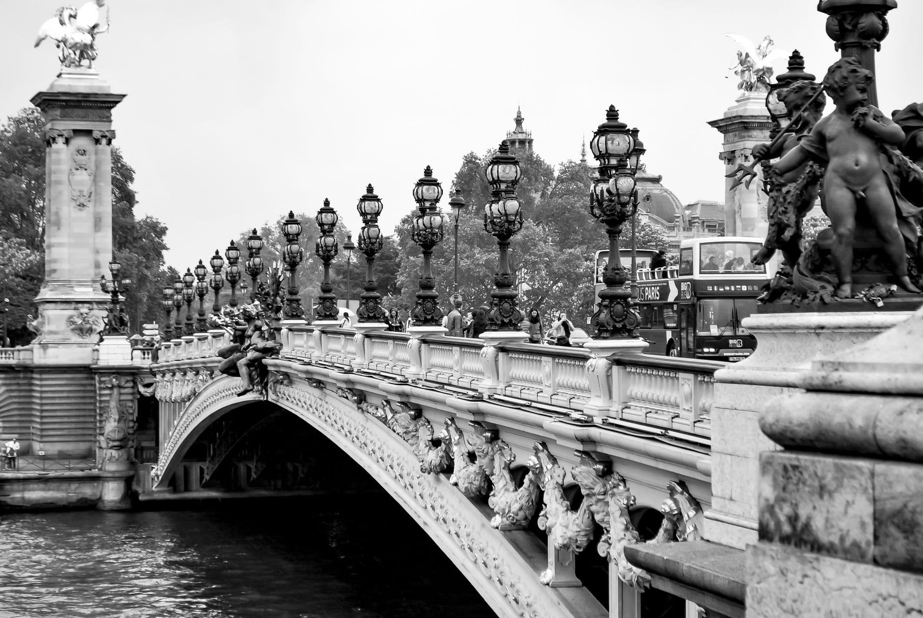 Elegant view of the Pont Alexandre III bridge in Paris, captured in black and white.
