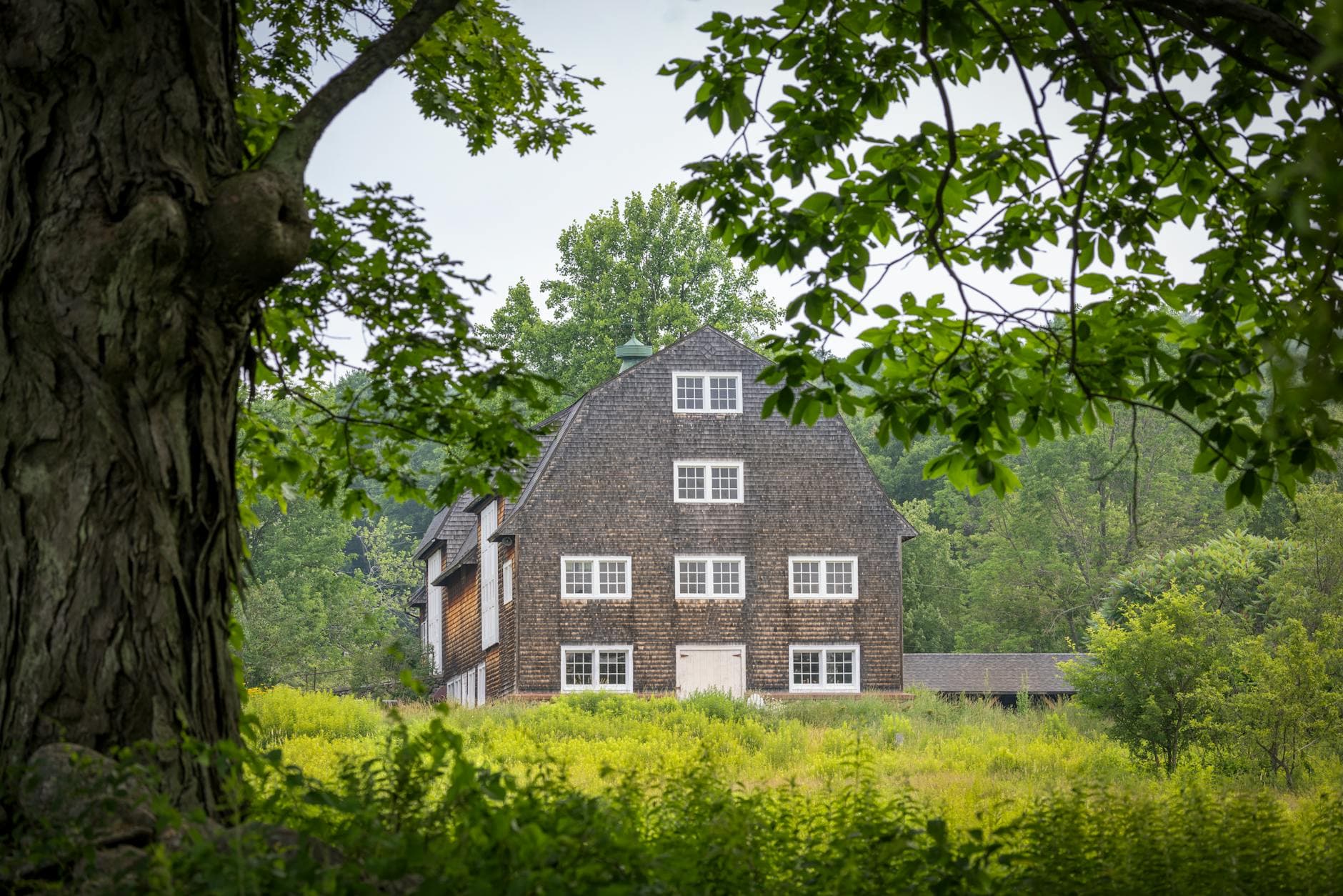 Charming old barn surrounded by green fields in Princeton, Massachusetts.