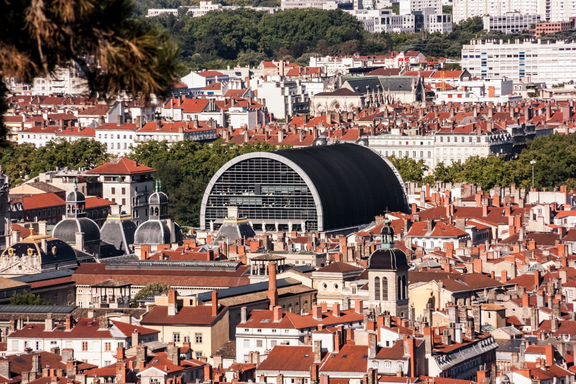 Explore a vibrant aerial view of Lyon, France, showcasing historic rooftops and unique architecture.