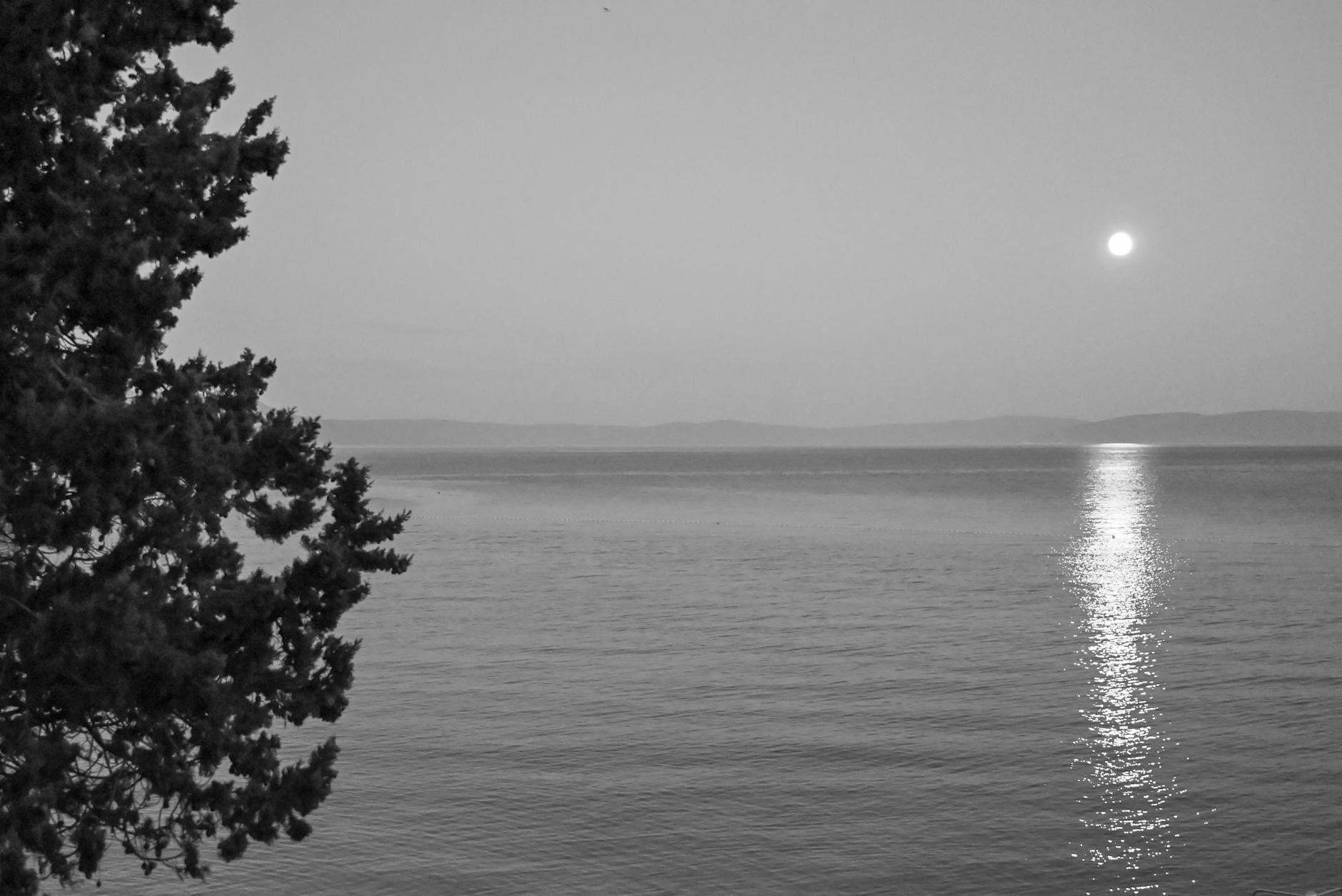 Monochrome view of Rabac, Croatia's calm coast with a full moon reflecting on the sea.